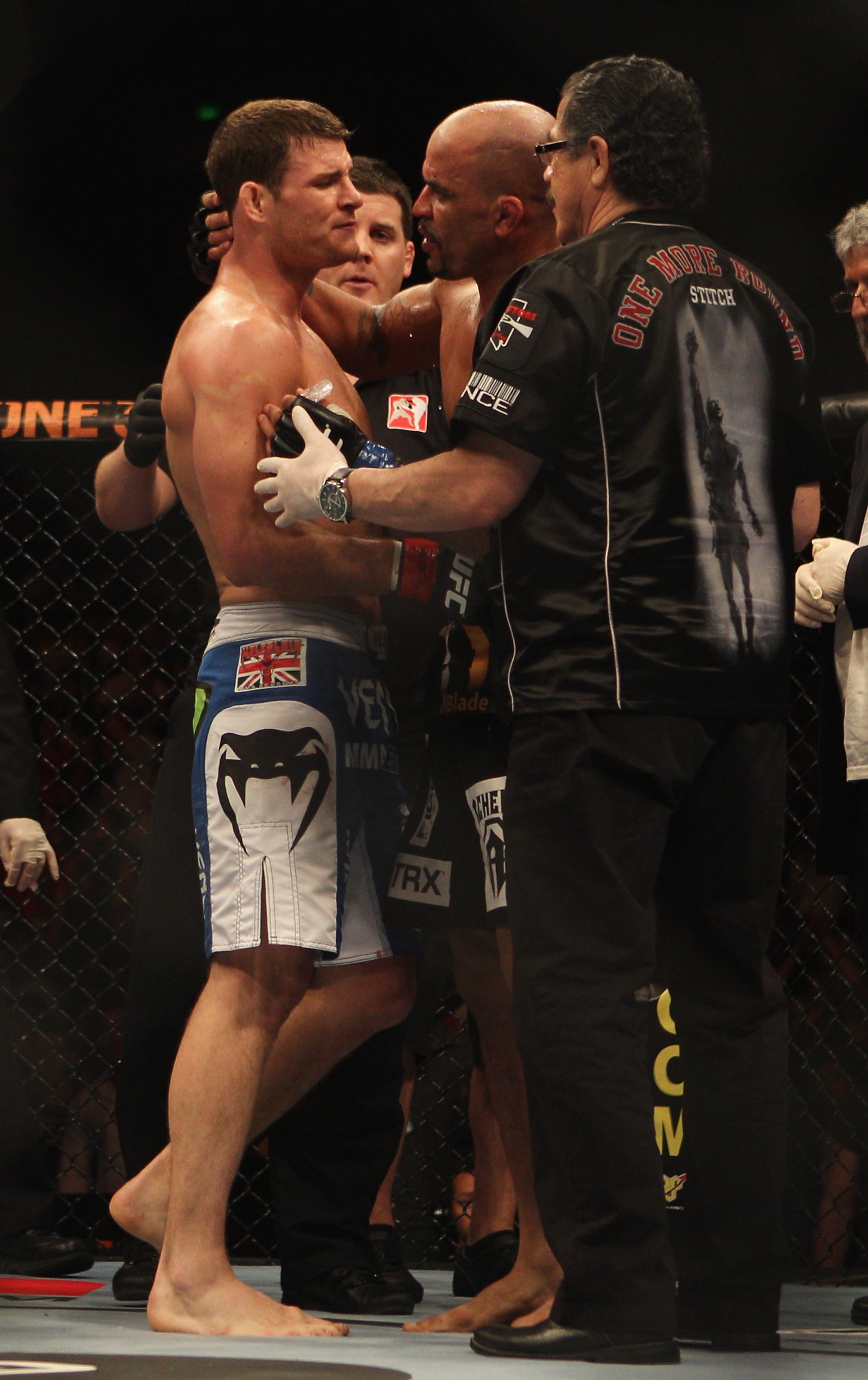 SYDNEY, AUSTRALIA - FEBRUARY 27:  Michael Bisping of Great Britain speaks to Jorge Rivera of the USA after winning their middleweight bout part of at UFC 127 at Acer Arena on February 27, 2011 in Sydney, Australia.  (Photo by Mark Kolbe/Getty Images)