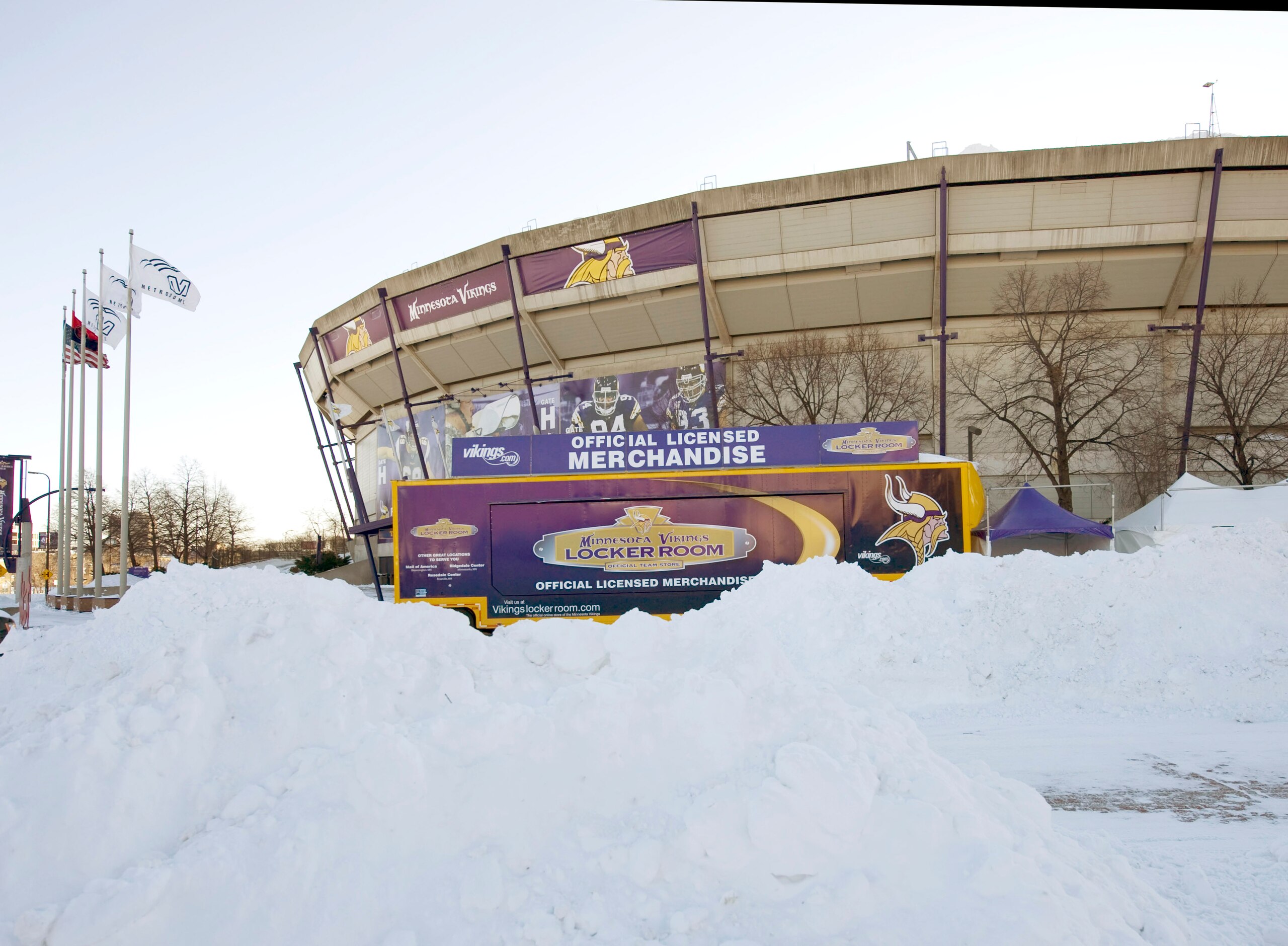 MINNEAPOLIS, MN - DECEMBER 12:  Snow surrounds the Hubert H. Humphrey Metrodome, Mall of America Stadium where the inflatable roof collapsed under the weight of snow during a storm Sunday morning December 12, 2010 in Minneapolis, Minnesota. A blizzard dum