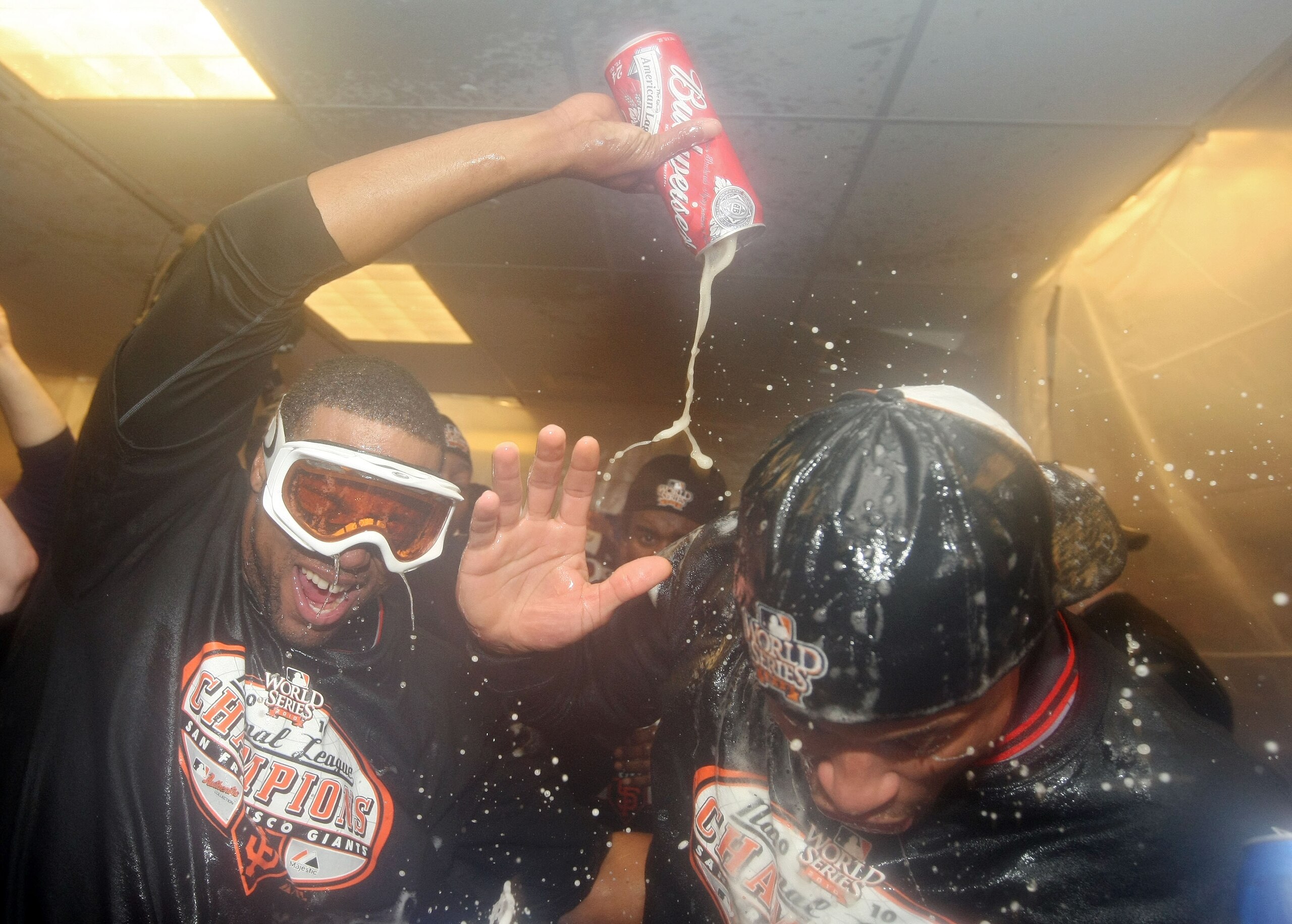 PHILADELPHIA - OCTOBER 23:  The San Francisco Giants celebrate defeating the Philadelphia Phillies 3-2 and winning the pennant in Game Six of the NLCS during the 2010 MLB Playoffs at Citizens Bank Park on October 23, 2010 in Philadelphia, Pennsylvania.  (