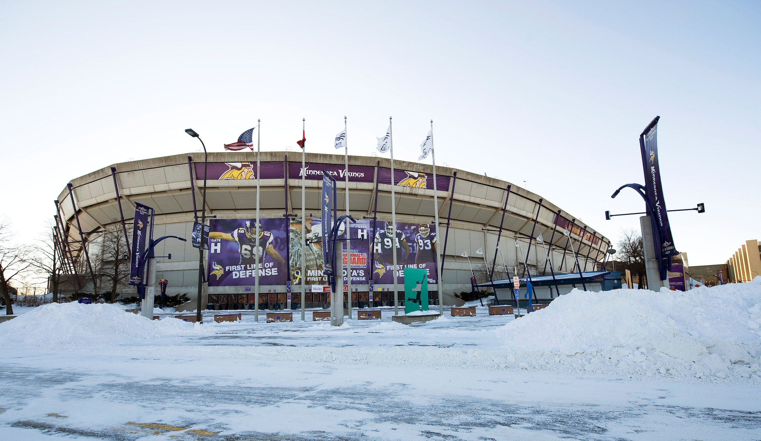 MINNEAPOLIS, MN - DECEMBER 12:  Snow surrounds the Hubert H. Humphrey Metrodome, Mall of America Stadium where the inflatable roof collapsed under the weight of snow during a storm Sunday morning December 12, 2010 in Minneapolis, Minnesota. A blizzard dum