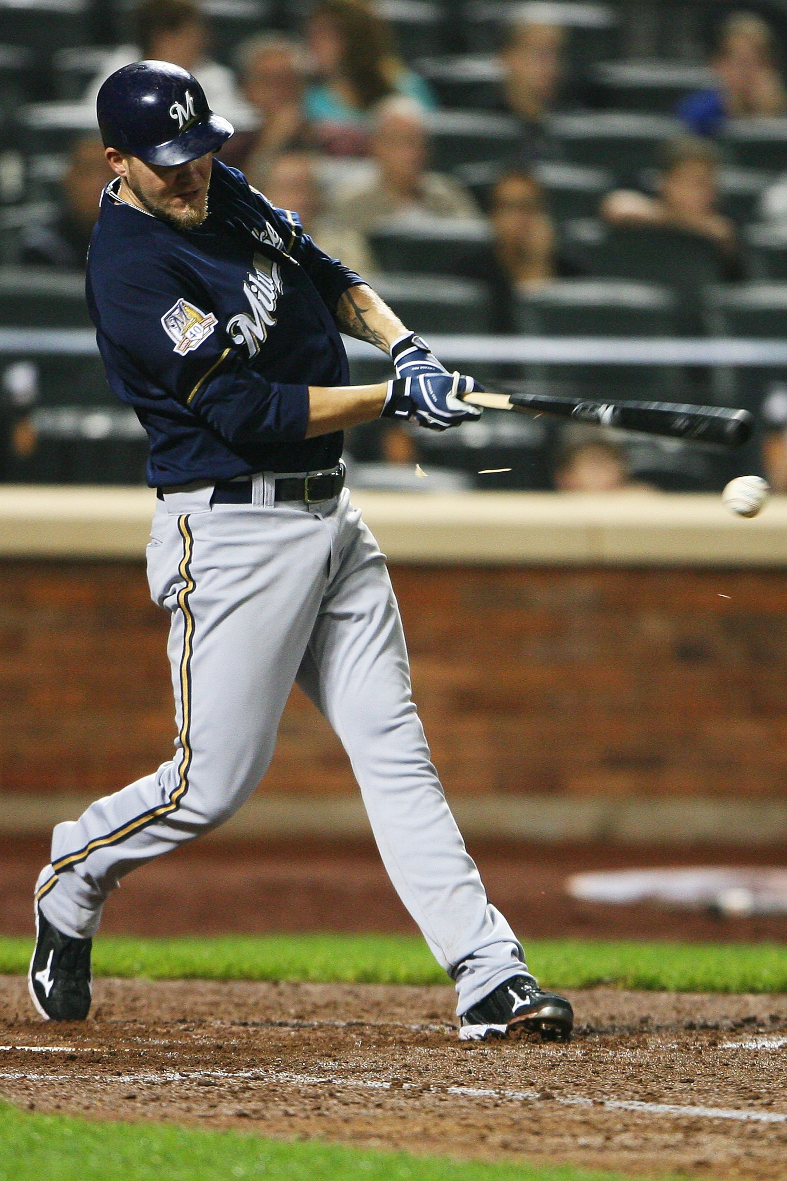 NEW YORK - SEPTEMBER 28:  Corey Hart #1 of the Milwaukee Brewers breaks his bat while batting against the New York Mets on September 28, 2010 at Citi Field in the Flushing neighborhood of the Queens borough of New York City.  (Photo by Andrew Burton/Getty