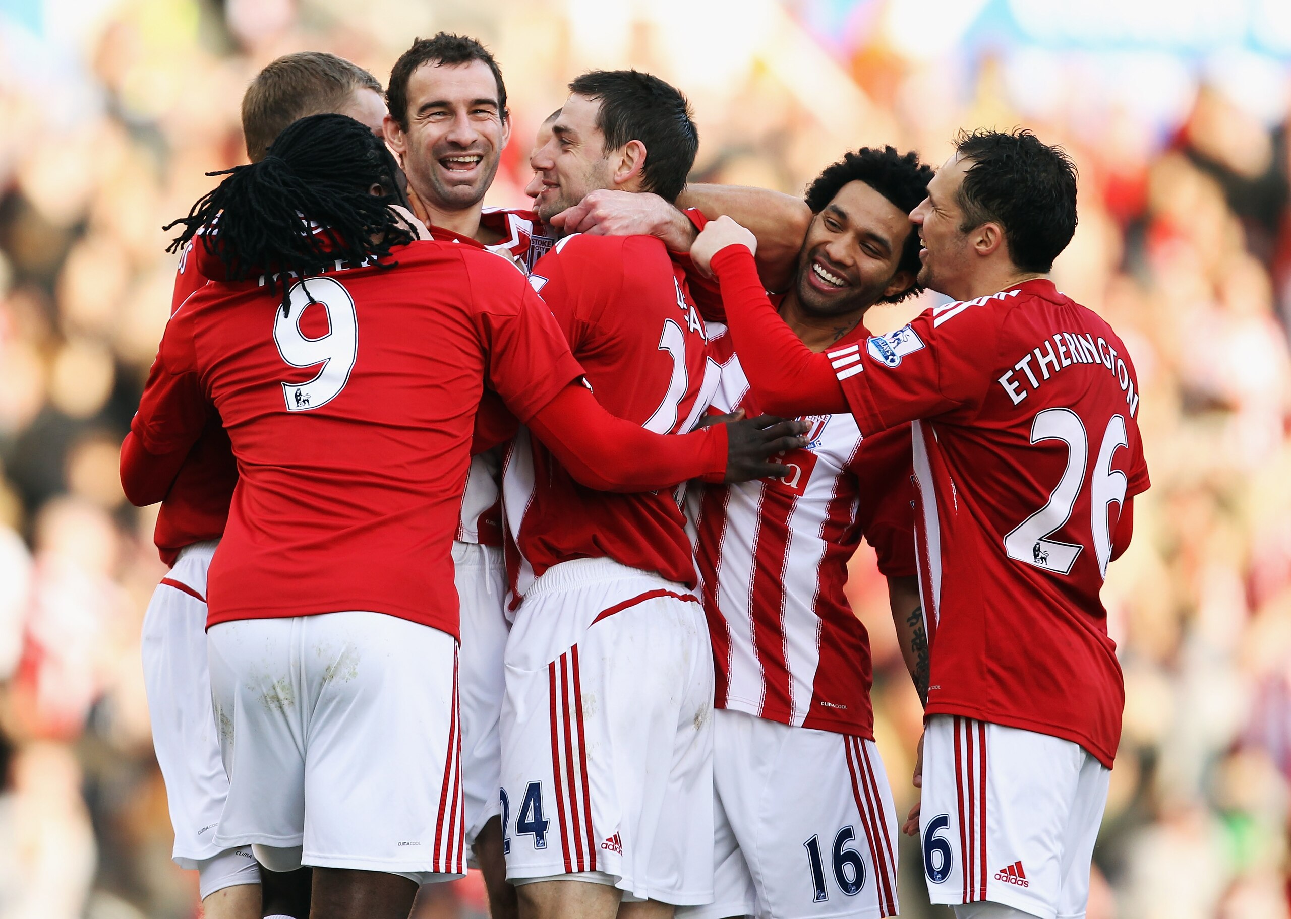 STOKE ON TRENT, ENGLAND - MARCH 19:  Danny Higginbotham of Stoke City celebrates with his team after scoring during the Barclays Premier League match between Stoke City and Newcastle United at Britannia Stadium on March 19, 2011 in Stoke on Trent, England