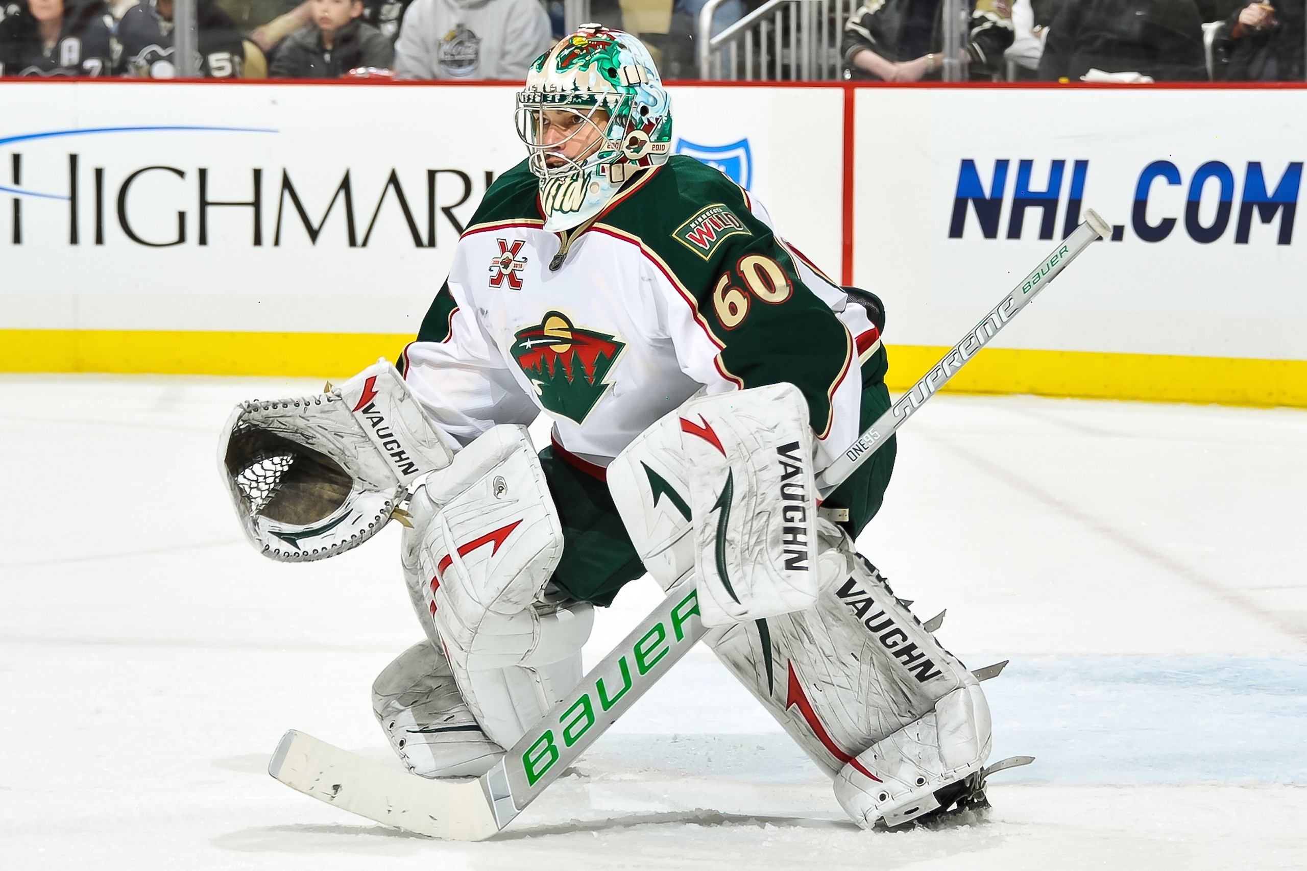 PITTSBURGH, PA - JANUARY 08:  Goaltender Jose Theodore #60 of the Minnesota Wild guards the net against the Pittsburgh Penguins on January 8, 2011 at CONSOL Energy Center in Pittsburgh, Pennsylvania.  (Photo by Jamie Sabau/Getty Images)