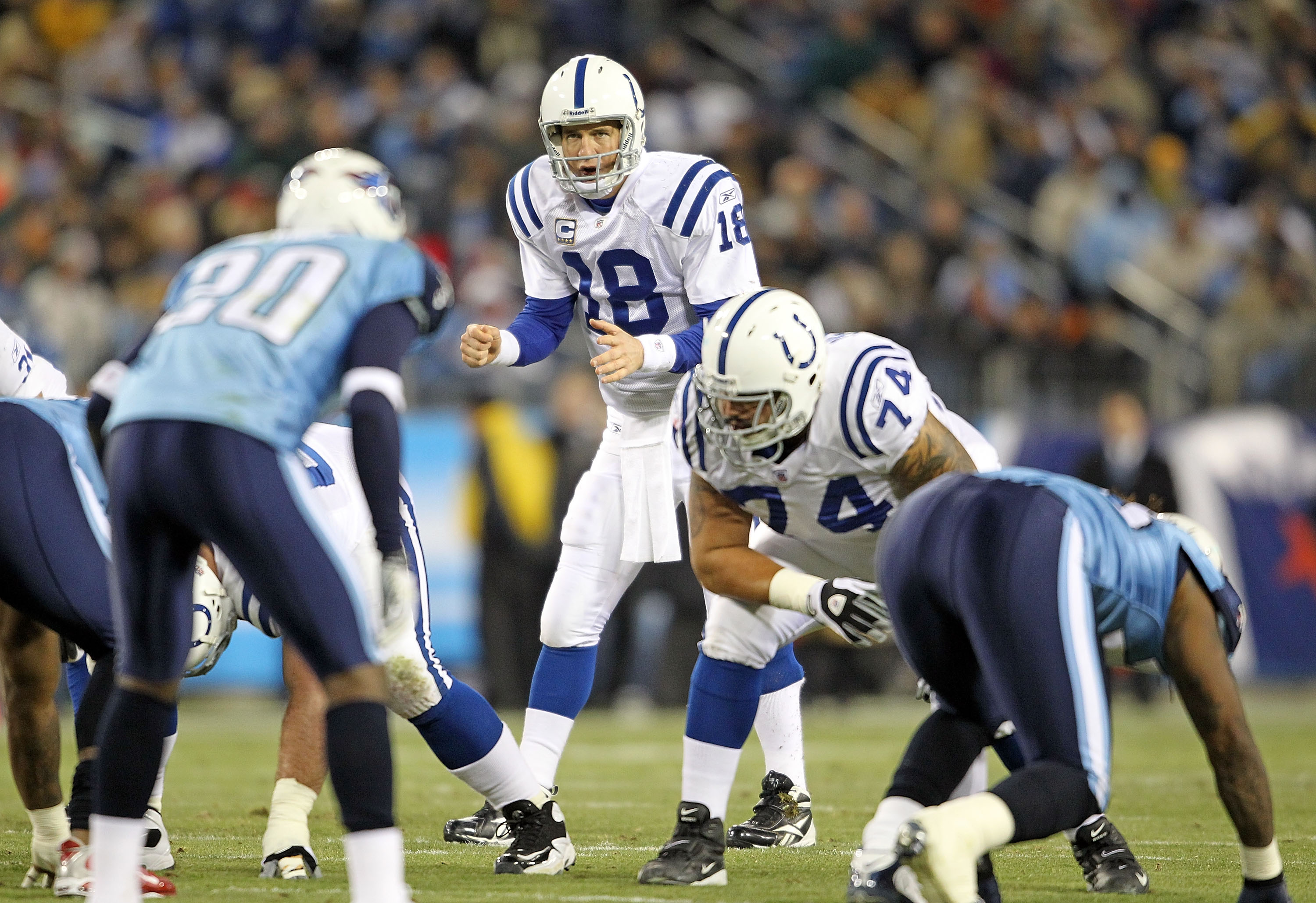 NASHVILLE, TN - DECEMBER 09:  Peyton Manning #18 of the Indianapolis Colts gives instructions to his team during the NFL game against the Tennessee Titans  at LP Field on December 9, 2010 in Nashville, Tennessee.  (Photo by Andy Lyons/Getty Images)