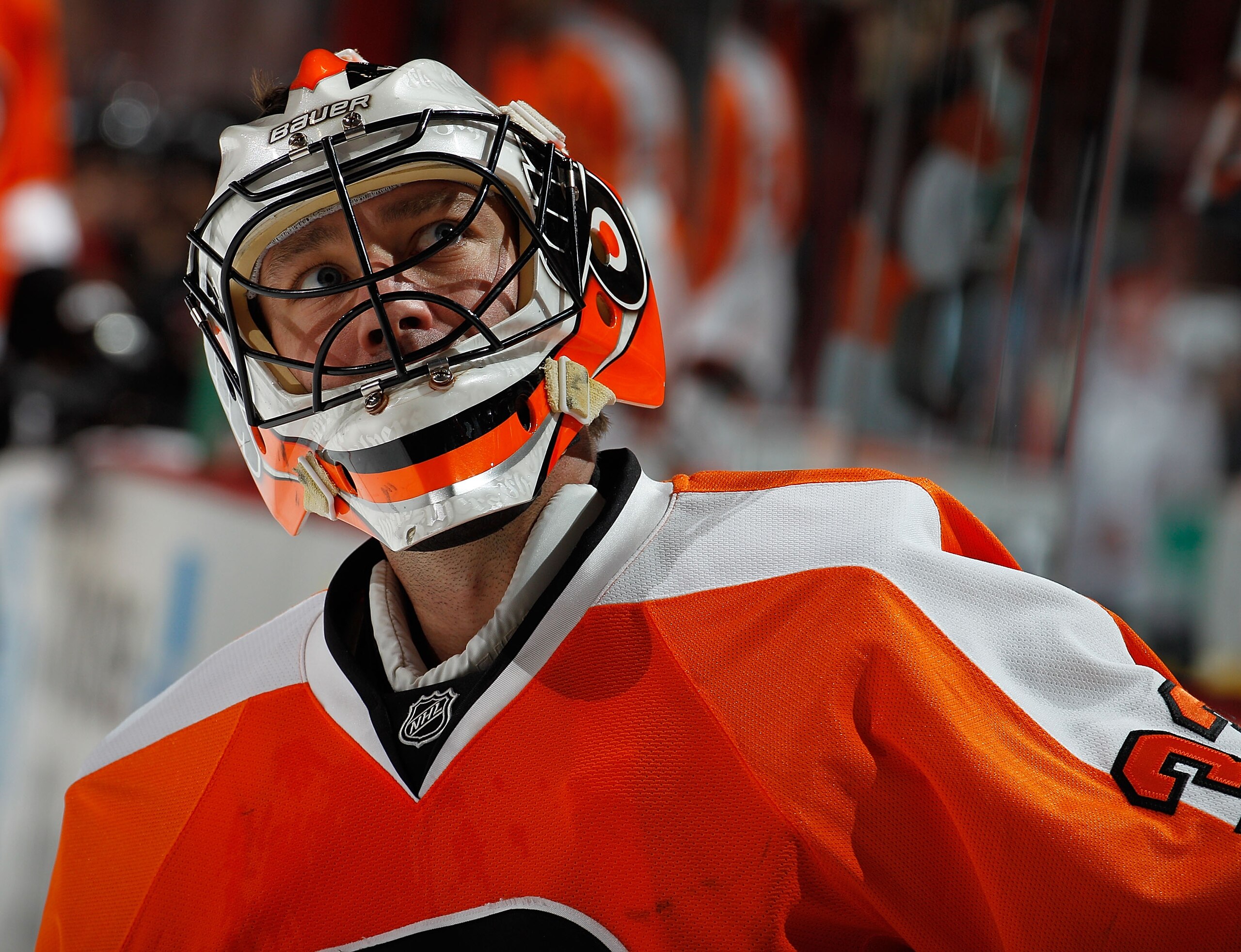PHILADELPHIA, PA - MARCH 08:  Goalie Brian Boucher #33 of the Philadelphia Flyers looks up at the crowd during warmups before an NHL hockey game against the Edmonton Oilers at the Wells Fargo Center on March 8, 2011 in Philadelphia, Pennsylvania.  (Photo