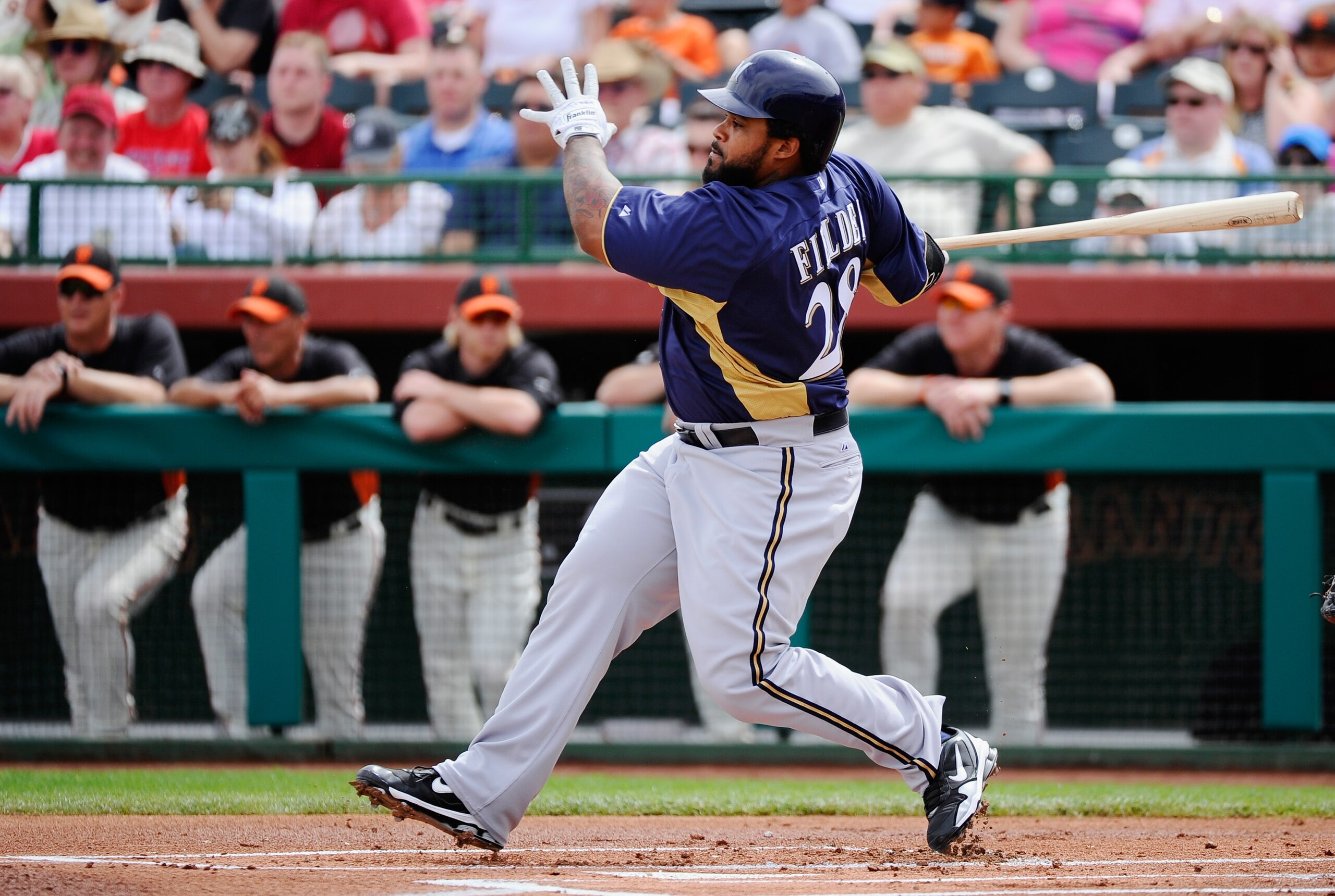 SCOTTSDALE, AZ - MARCH 14: Prince Fielder#28 of the Milwaukee Brewers swings the bat against the San Francisco Giants during the spring training baseball game at Scottsdale Stadium on March 14, 2011 in Scottsdale, Arizona. (Photo by Kevork Djansezian/Ge SCOTTSDALE, AZ - MARCH 14: Prince Fielder#28 of the Milwaukee Brewers swings the bat against the San Francisco Giants during the spring training baseball game at Scottsdale Stadium on March 14, 2011 in Scottsdale, Arizona. (Photo by Kevork Djansezian/Ge