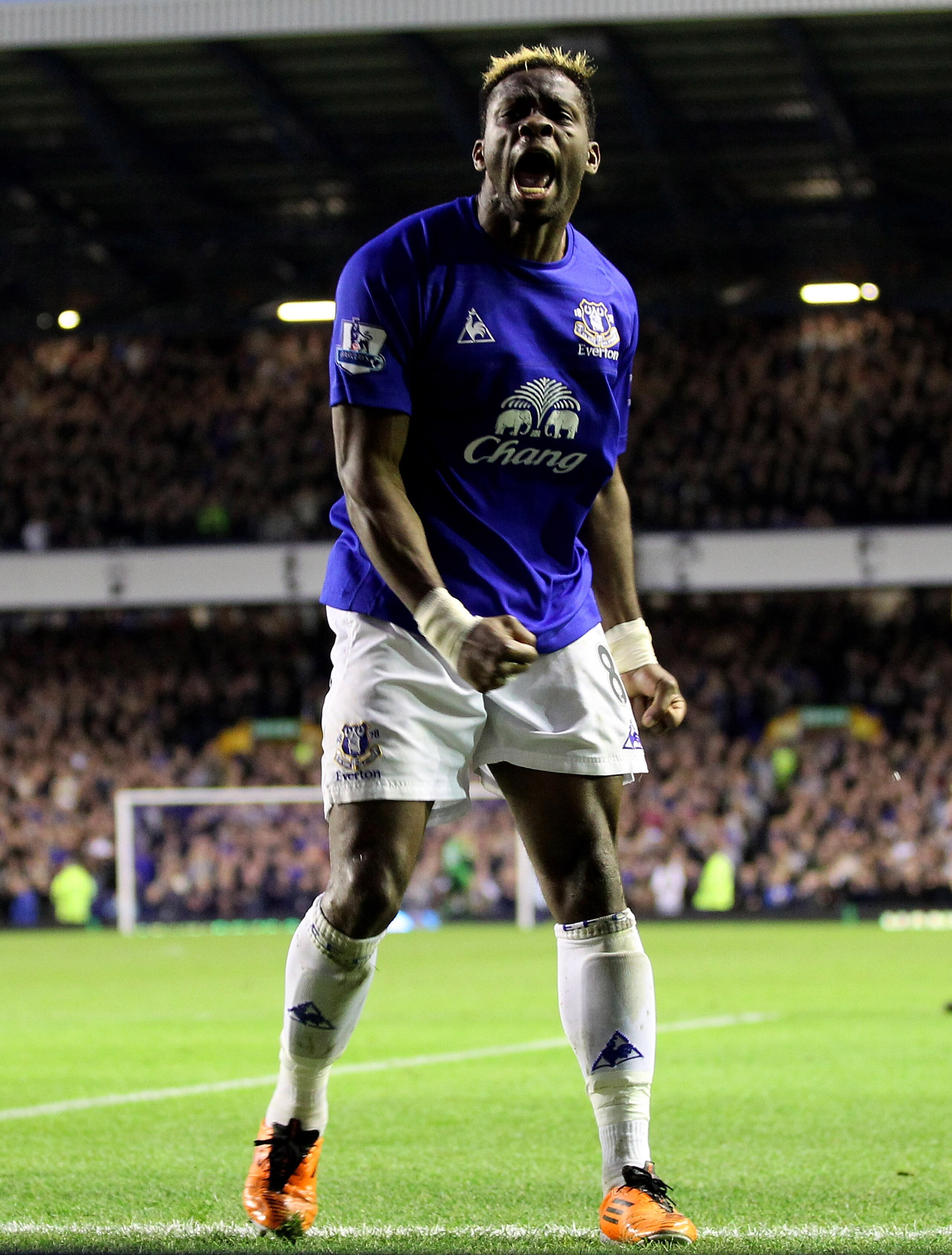 LIVERPOOL, ENGLAND - MARCH 19:  Louis Saha of Everton celebrates scoring his team's second goal during the Barclays Premier League match between Everton and Fulham at Goodison Park on March 19, 2011 in Liverpool, England.  (Photo by Ross Kinnaird/Getty Im