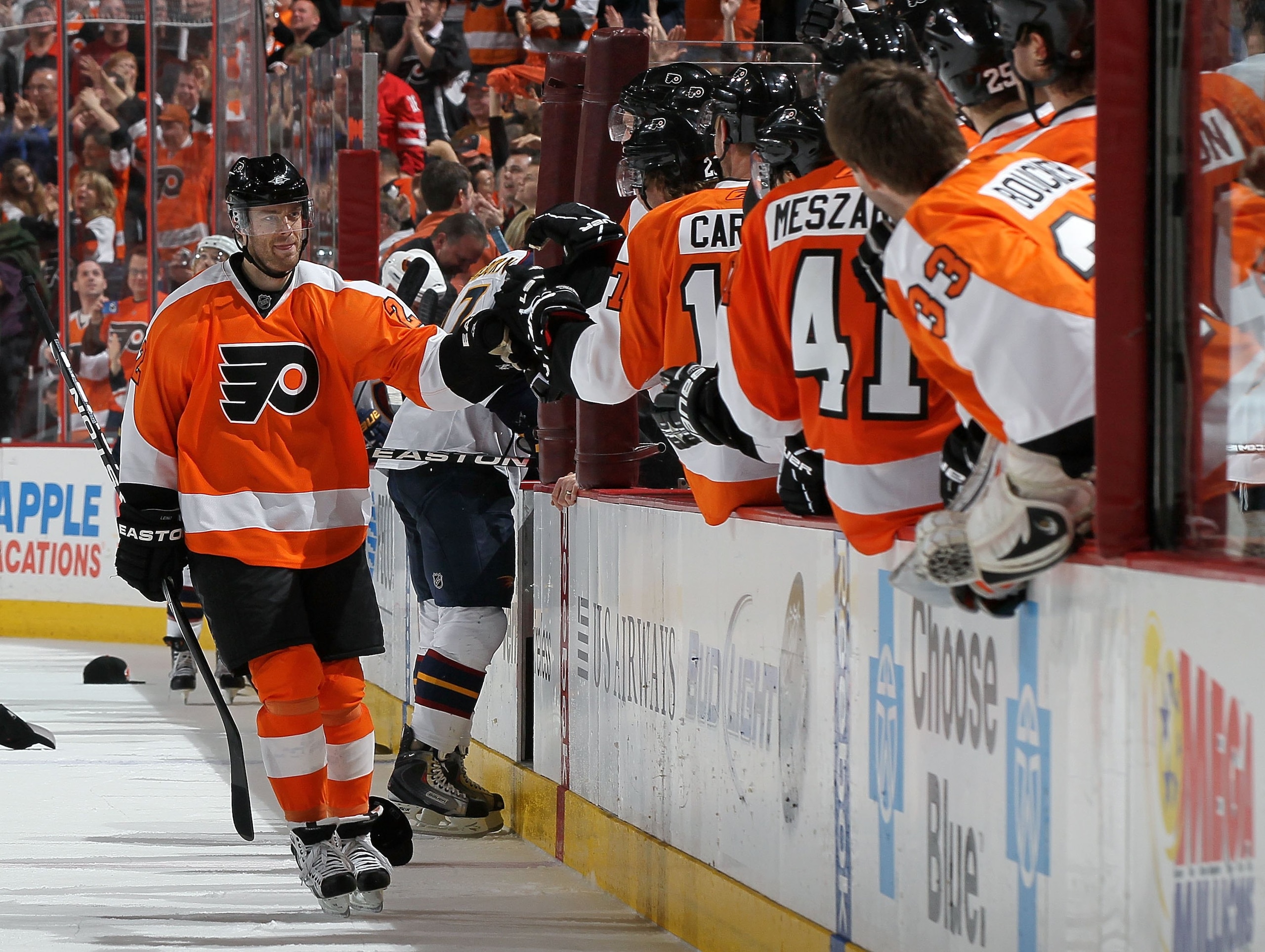 PHILADELPHIA, PA - MARCH 12:  Ville Leino #22 of the Philadelphia Flyers skates against the Atlanta Thrashers on March 12, 2011 at Wells Fargo Center in Philadelphia, Pennsylvania.  (Photo by Jim McIsaac/Getty Images)