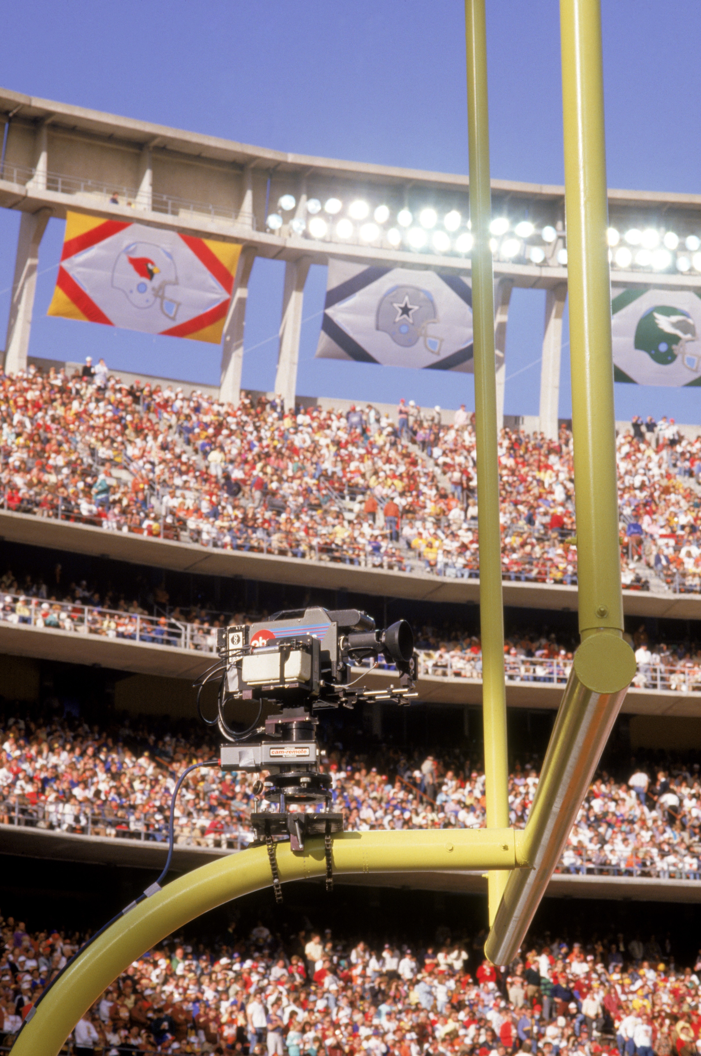 SAN DIEGO - JANUARY 31:  Detail view of a television camera mounted on top of the field goal post during the Super Bowl XXII championship game between the Washington Redskins and the Denver Broncos at Jack Murphy Stadium on January 31, 1988 in San Diego,