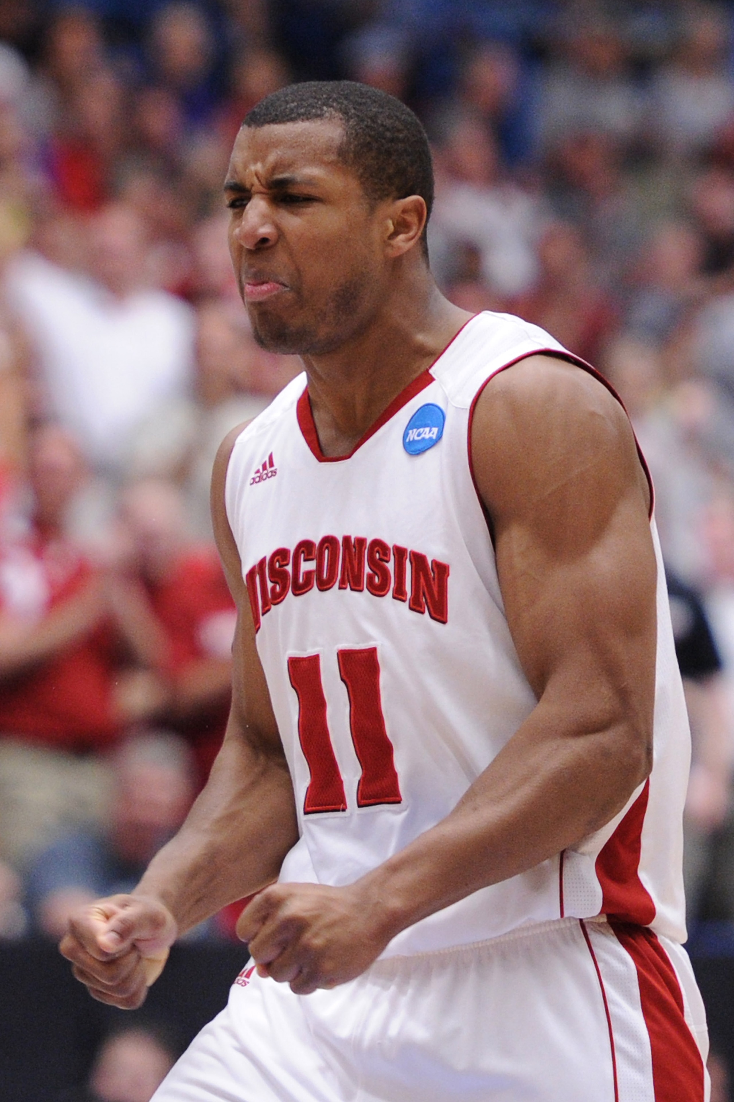 TUCSON, AZ - MARCH 19:  Jordan Taylor #11 of the Wisconsin Badgers celebrates during their game against the Kansas State Wildcats during the third round of the 2011 NCAA men's basketball tournament at McKale Center on March 19, 2011 in Tucson, Arizona.  (
