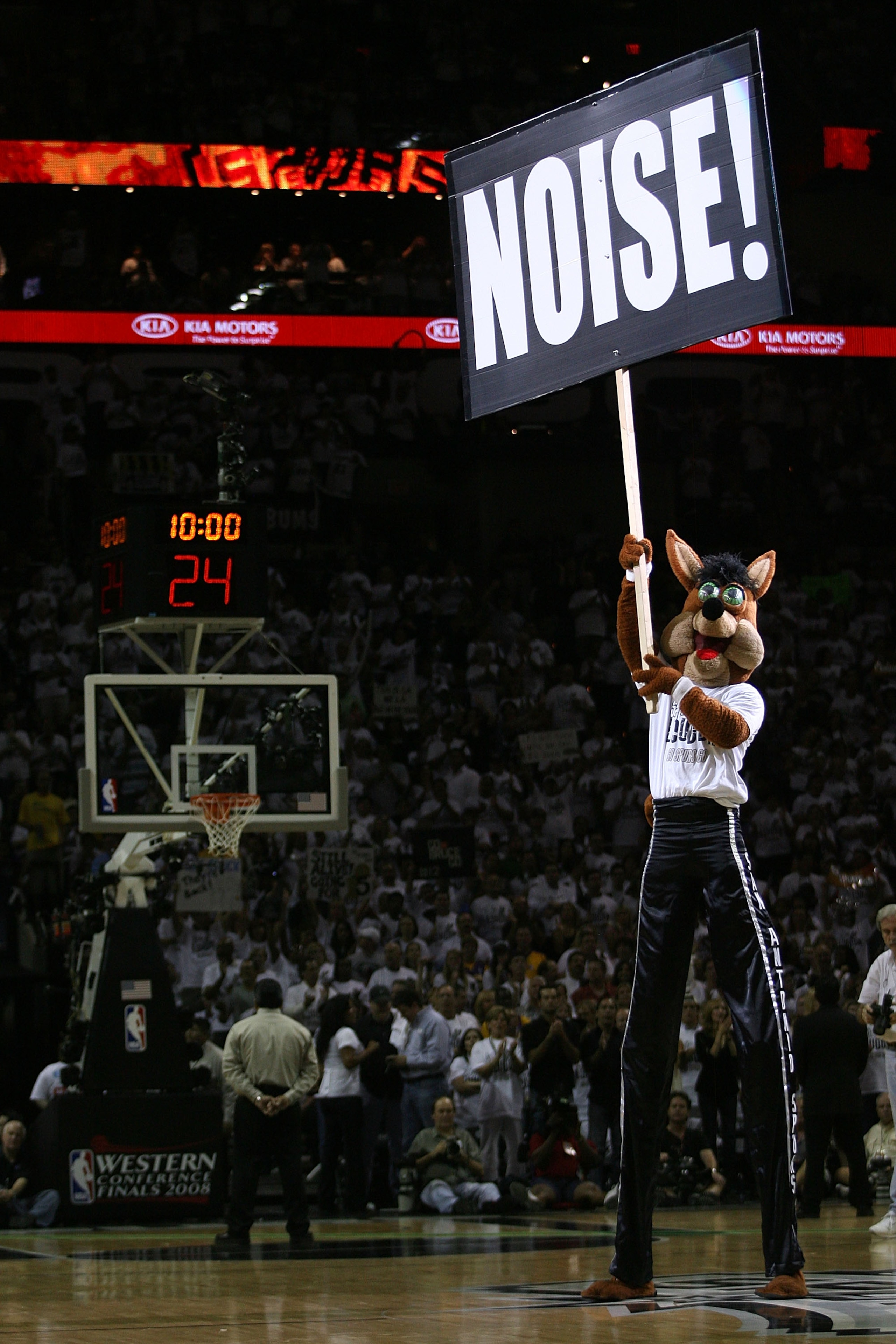 SAN ANTONIO - MAY 27:  The San Antonio Spurs mascot performs during a timeout while the Spurs take on the Los Angeles Lakers in Game Four of the Western Conference Finals during the 2008 NBA Playoffs on May 27, 2008 at the AT&T Center in San Antonio, Texa