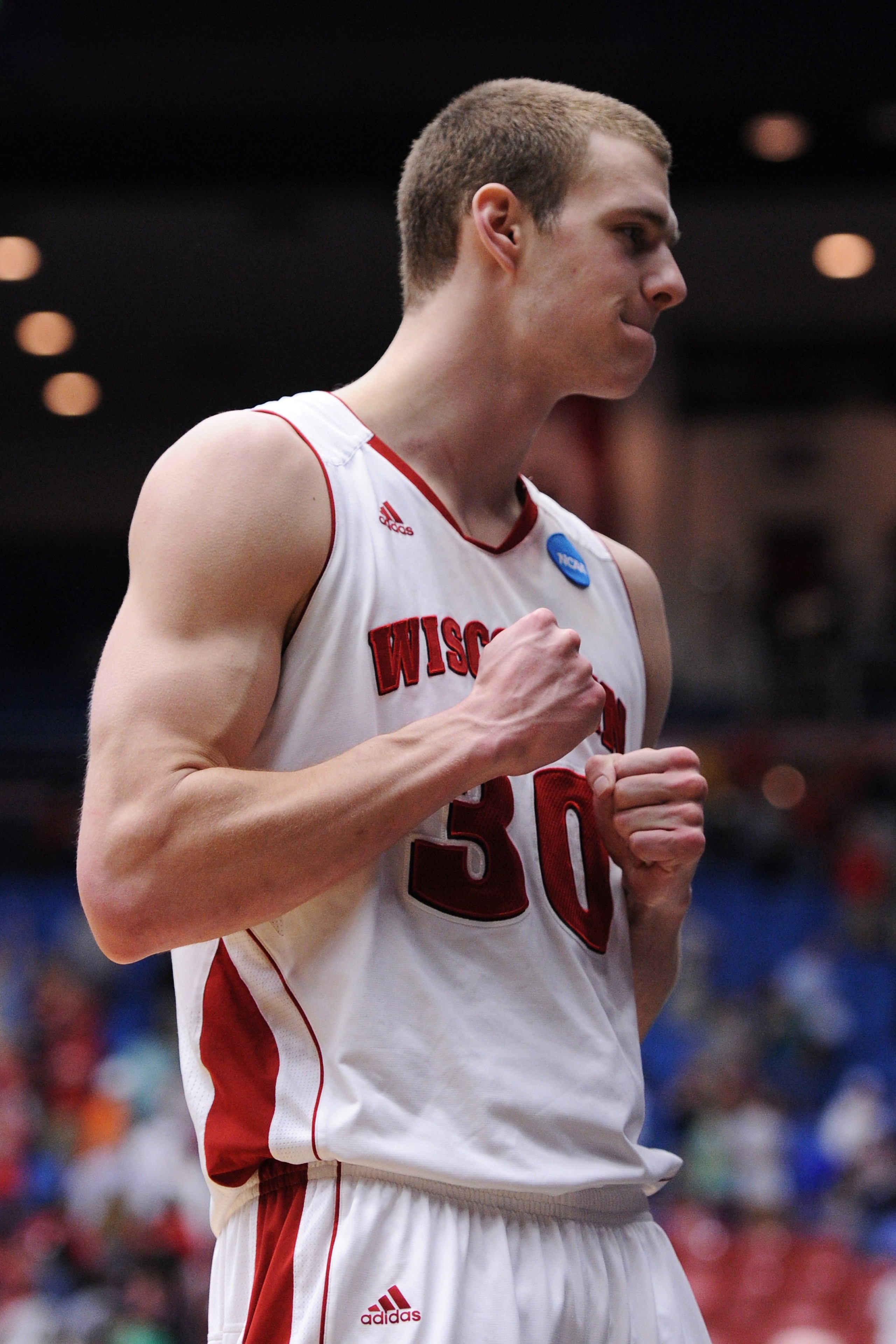 TUCSON, AZ - MARCH 19:  Jon Leuer #30 of the Wisconsin Badgers celebrates during their game against the Kansas State Wildcats during the third round of the 2011 NCAA men's basketball tournament at McKale Center on March 19, 2011 in Tucson, Arizona.  (Phot