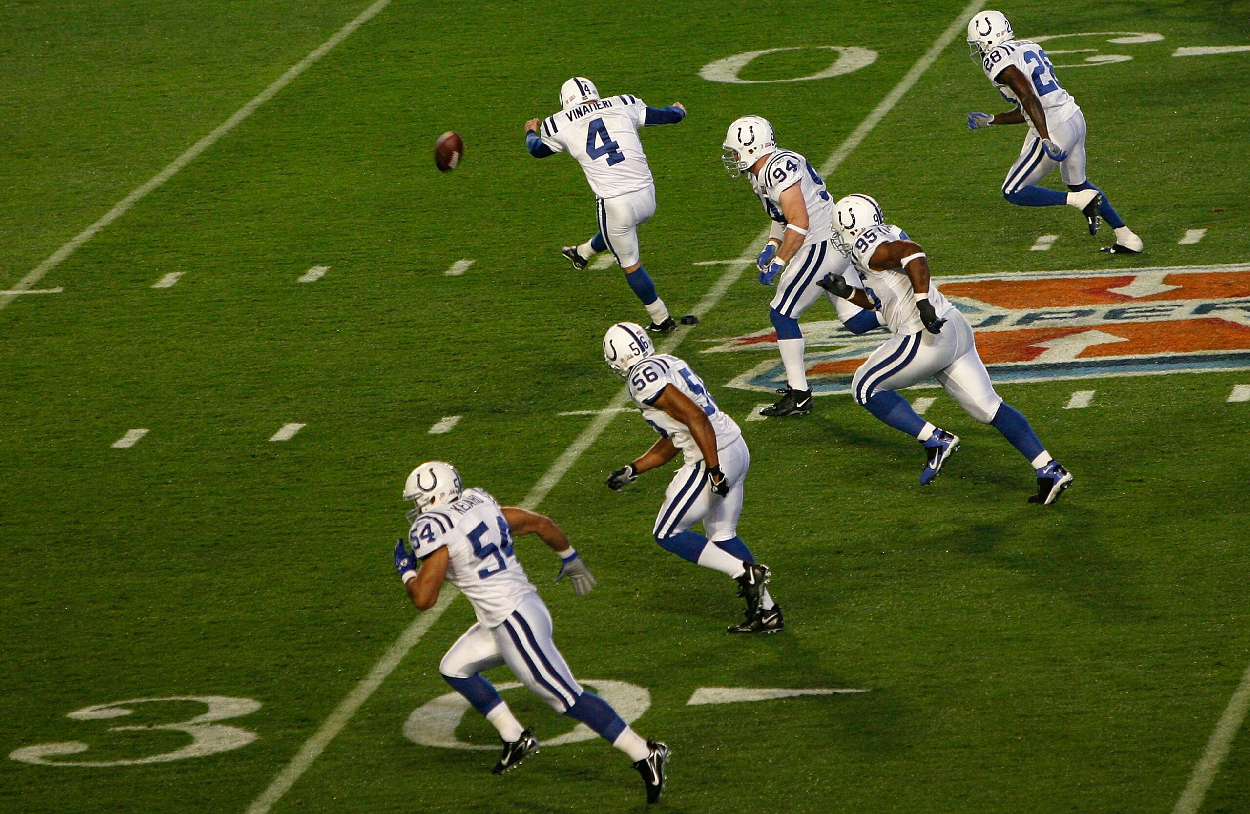 MIAMI GARDENS, FL - FEBRUARY 04:  Adam Vinatieri #4 of the Indianapolis Colts kicks the opening kickoff against the Chicago Bears during Super Bowl XLI on February 4, 2007 at Dolphin Stadium in Miami Gardens, Florida. The Colts won 29-17.  (Photo by Eliot