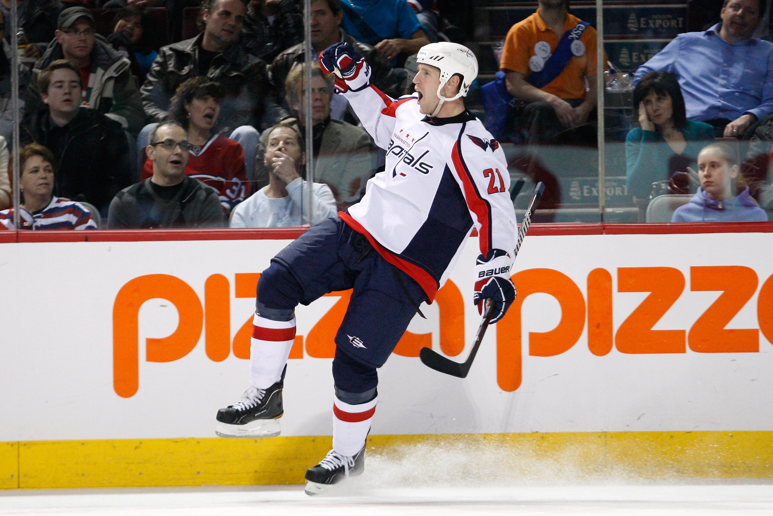 MONTREAL, CANADA - MARCH 15:  Brooks Laich #21 of the Washington Capitals celebrates his first period goal during the NHL game against the Montreal Canadiens at the Bell Centre on March 15, 2011 in Montreal, Quebec, Canada.  (Photo by Richard Wolowicz/Get