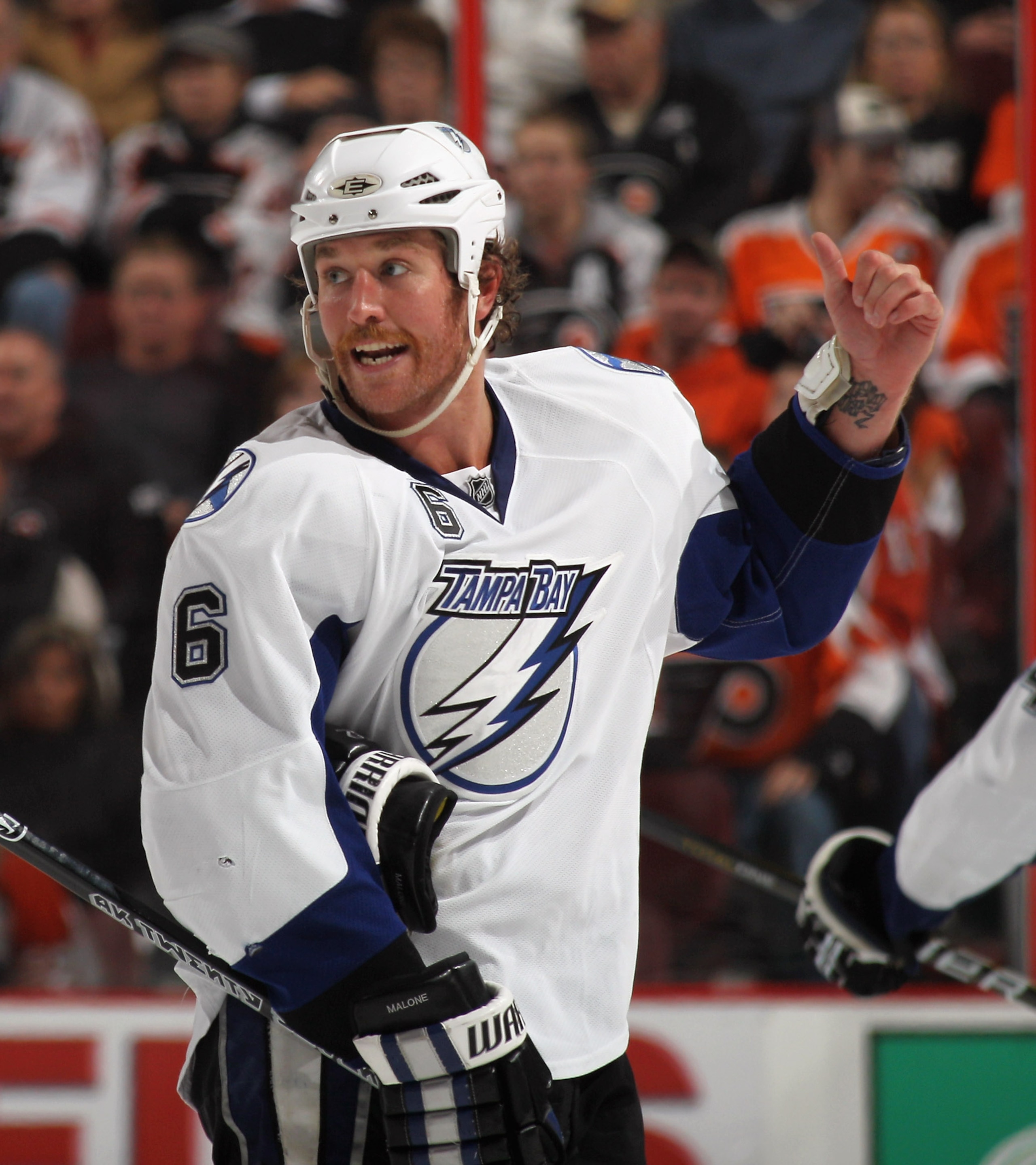 PHILADELPHIA - NOVEMBER 18:  Ryan Malone #6 of the Tampa Bay Lightning skates against the Philadelphia Flyers at the Wells Fargo Center on November 18, 2010 in Philadelphia, Pennsylvania. The Lightning defeated the Flyers 8-7.  (Photo by Bruce Bennett/Get