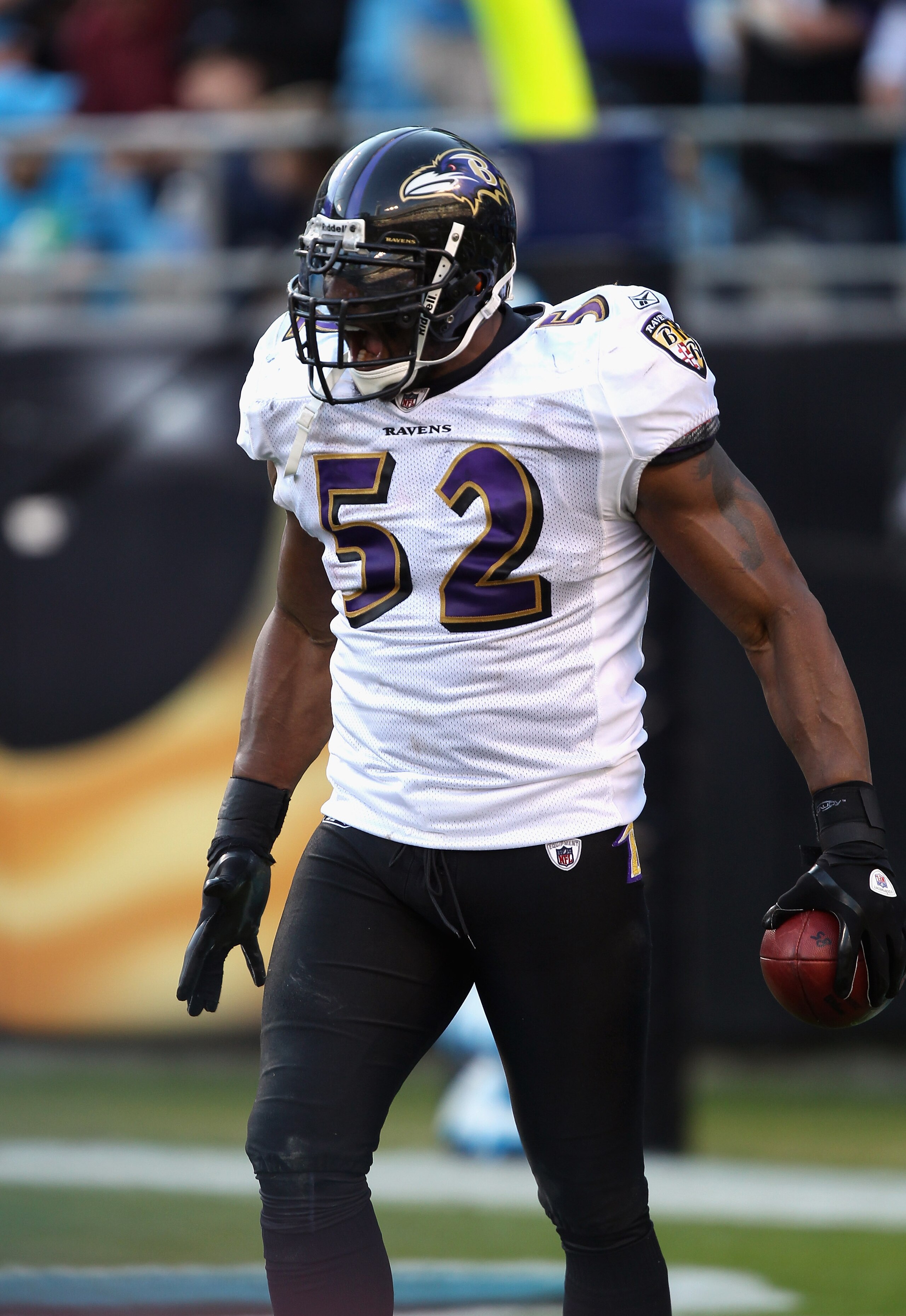CHARLOTTE, NC - NOVEMBER 21:  Ray Lewis #52 of the Baltimore Ravens celebrates after scoring a touchdown against the Carolina Panthers at Bank of America Stadium on November 21, 2010 in Charlotte, North Carolina.  (Photo by Streeter Lecka/Getty Images)