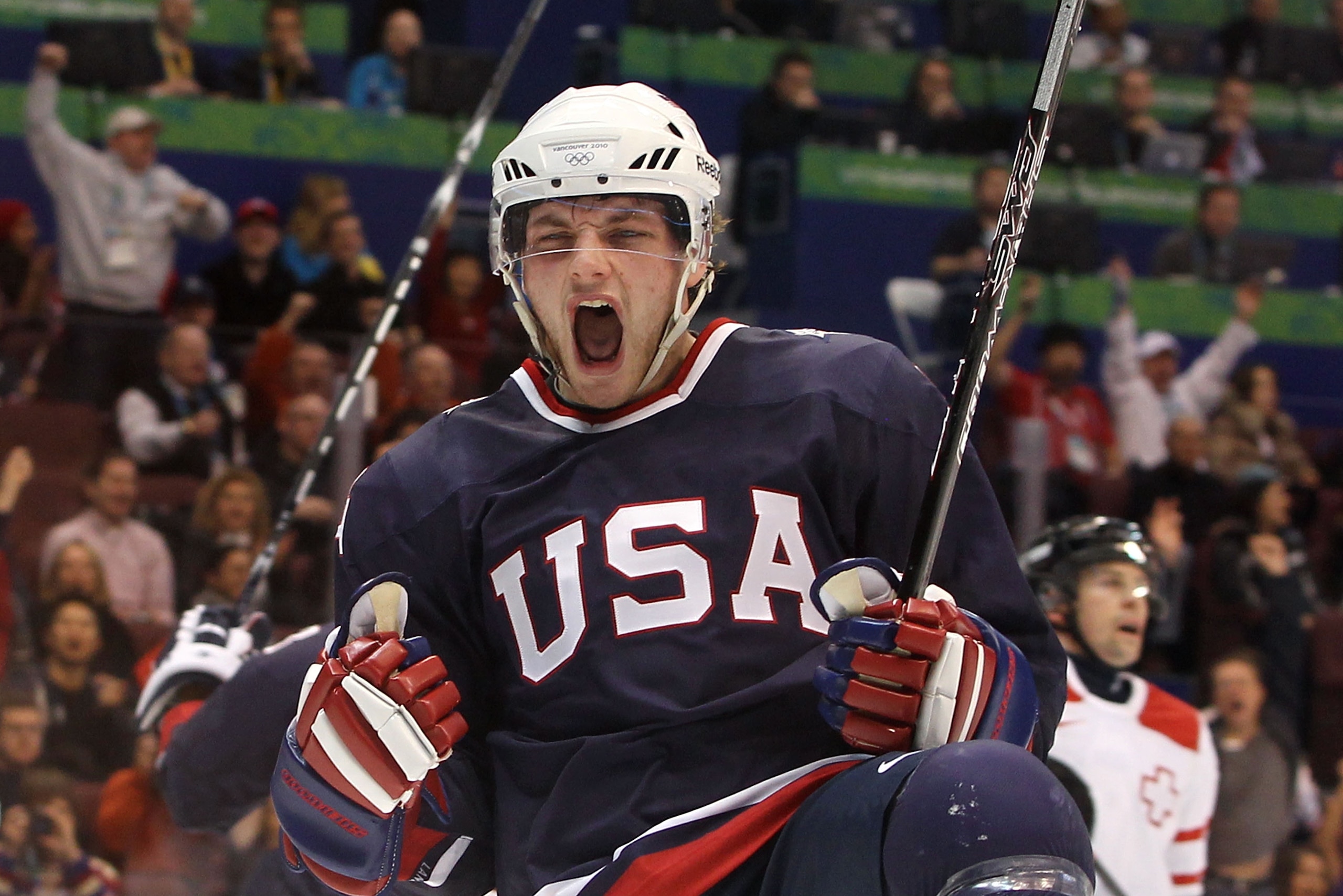 VANCOUVER, BC - FEBRUARY 16:  Bobby Ryan of The United States celebrates after he scored the first goal during the ice hockey men's preliminary game between USA and Switzerland on day 5 of the Vancouver 2010 Winter Olympics at Canada Hockey Place on Febru