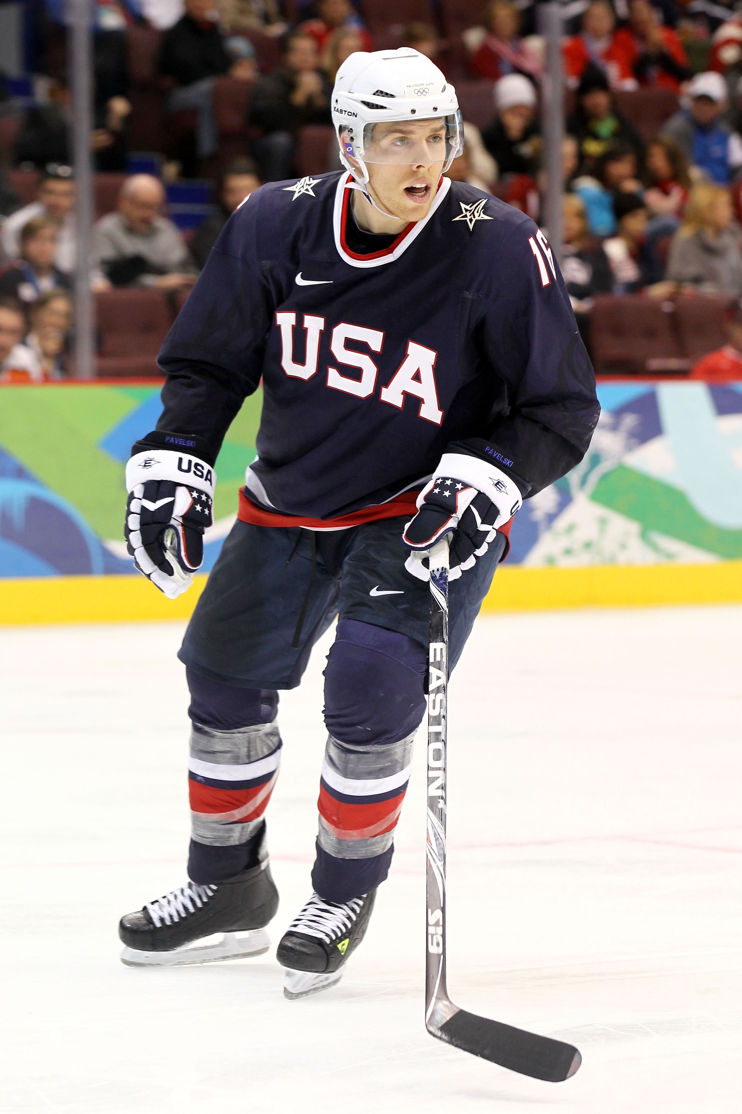 VANCOUVER, BC - FEBRUARY 16:  Joe Pavelski of The United States skates against Switzerland during the ice hockey men's preliminary game on day 5 of the Vancouver 2010 Winter Olympics at Canada Hockey Place on February 16, 2010 in Vancouver, Canada. Team U