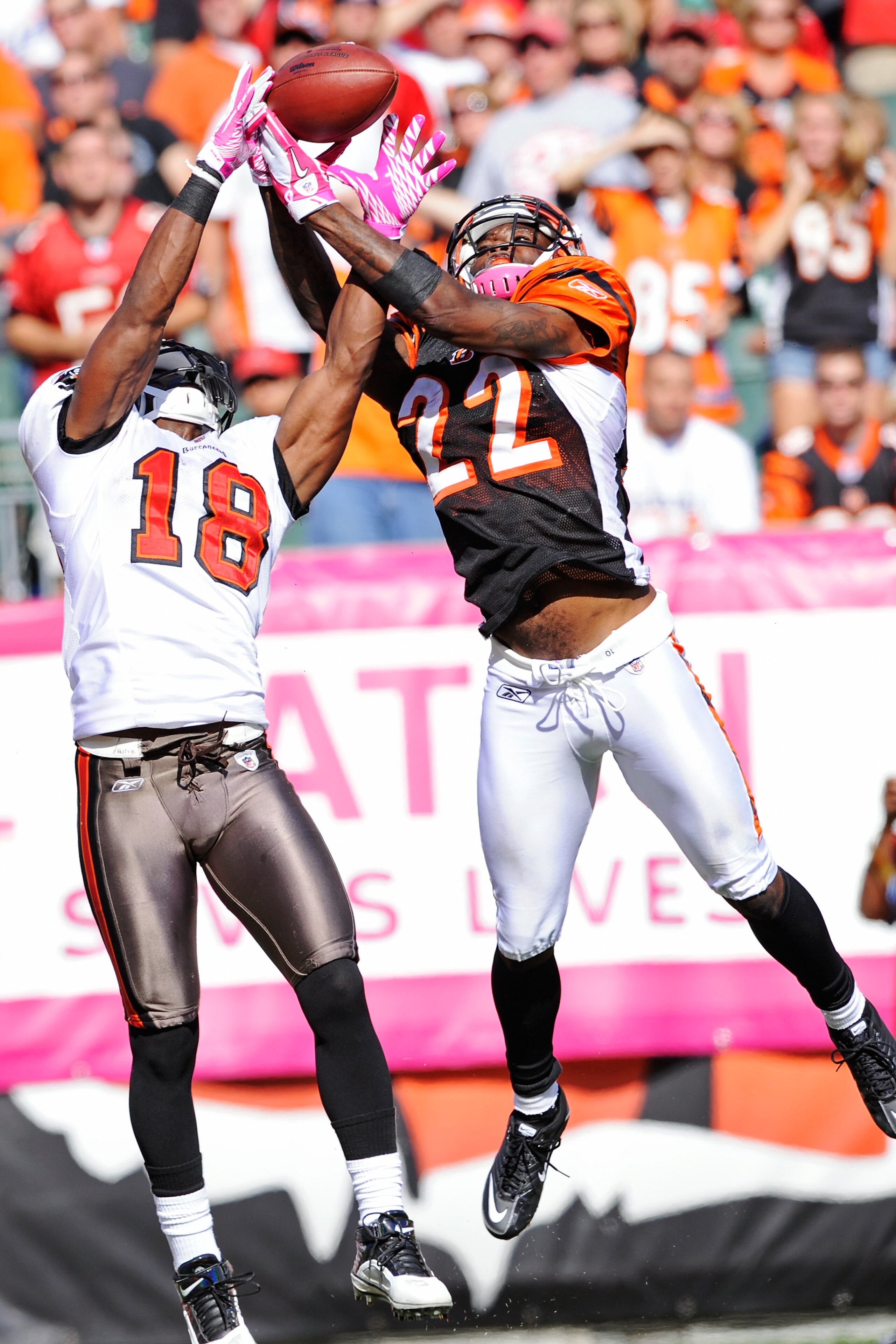 CINCINNATI, OH - OCTOBER 10: Johnathan Joseph #22 of the Cincinnati Bengals breaks up a pass intended for Sammie Stroughter #18 of the Tampa Bay Buccaneers at Paul Brown Stadium on October 10, 2010 in Cincinnati, Ohio. (Photo by Jamie Sabau/Getty Images CINCINNATI, OH - OCTOBER 10: Johnathan Joseph #22 of the Cincinnati Bengals breaks up a pass intended for Sammie Stroughter #18 of the Tampa Bay Buccaneers at Paul Brown Stadium on October 10, 2010 in Cincinnati, Ohio. (Photo by Jamie Sabau/Getty Images