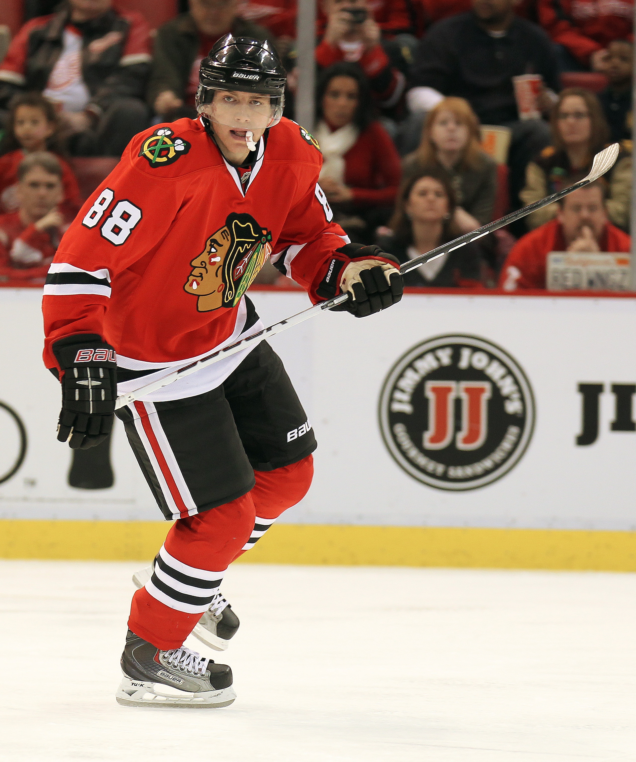 DETROIT, MI - JANUARY 22:  Patrick Kane #88 of the Chicago Black Hawks skates in a game against the Detroit Red Wings on January 22, 2011 at the Joe Louis Arena in Detroit, Michigan. The Hawks defeated the Wings 4-1. (Photo by Claus Andersen/Getty Images)