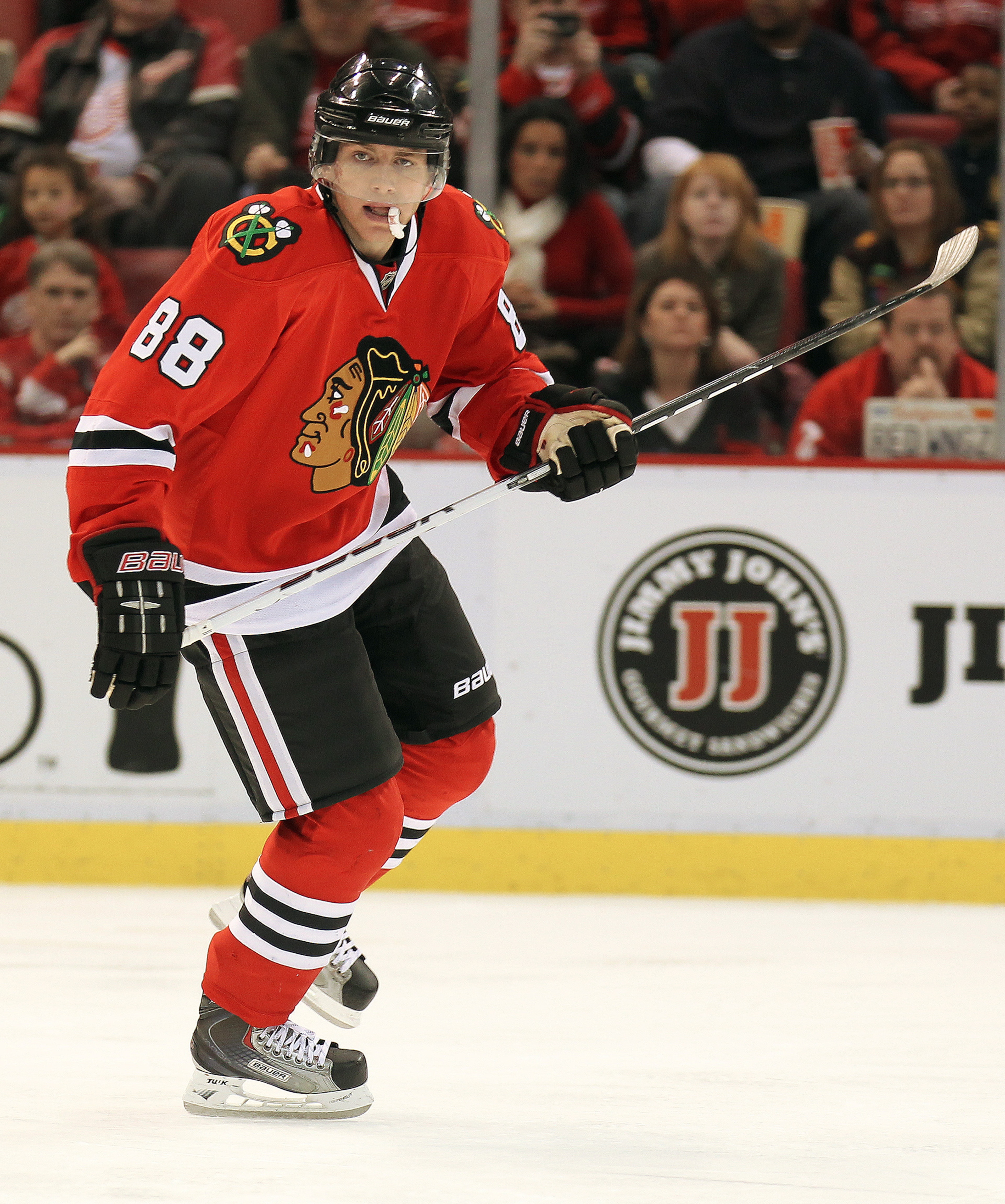 DETROIT, MI - JANUARY 22:  Patrick Kane #88 of the Chicago Black Hawks skates in a game against the Detroit Red Wings on January 22, 2011 at the Joe Louis Arena in Detroit, Michigan. The Hawks defeated the Wings 4-1. (Photo by Claus Andersen/Getty Images)