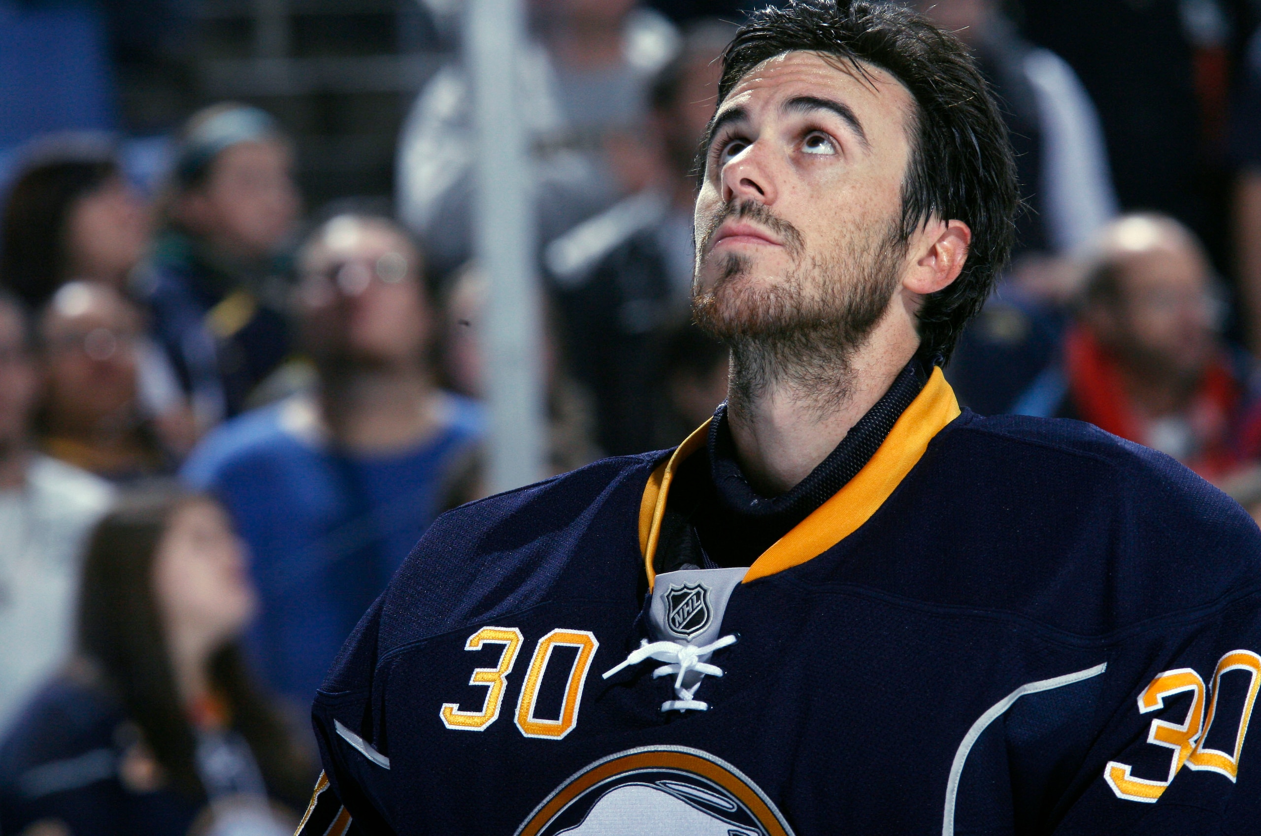 BUFFALO - OCTOBER 3:  Ryan Miller #30 of the Buffalo Sabres prepares to face the Philadelphia Flyers during their NHL game at HSBC Arena October 3, 2010 in Buffalo, New York. The Sabres won 9-3. (Photo By Dave Sandford/Getty Images)
