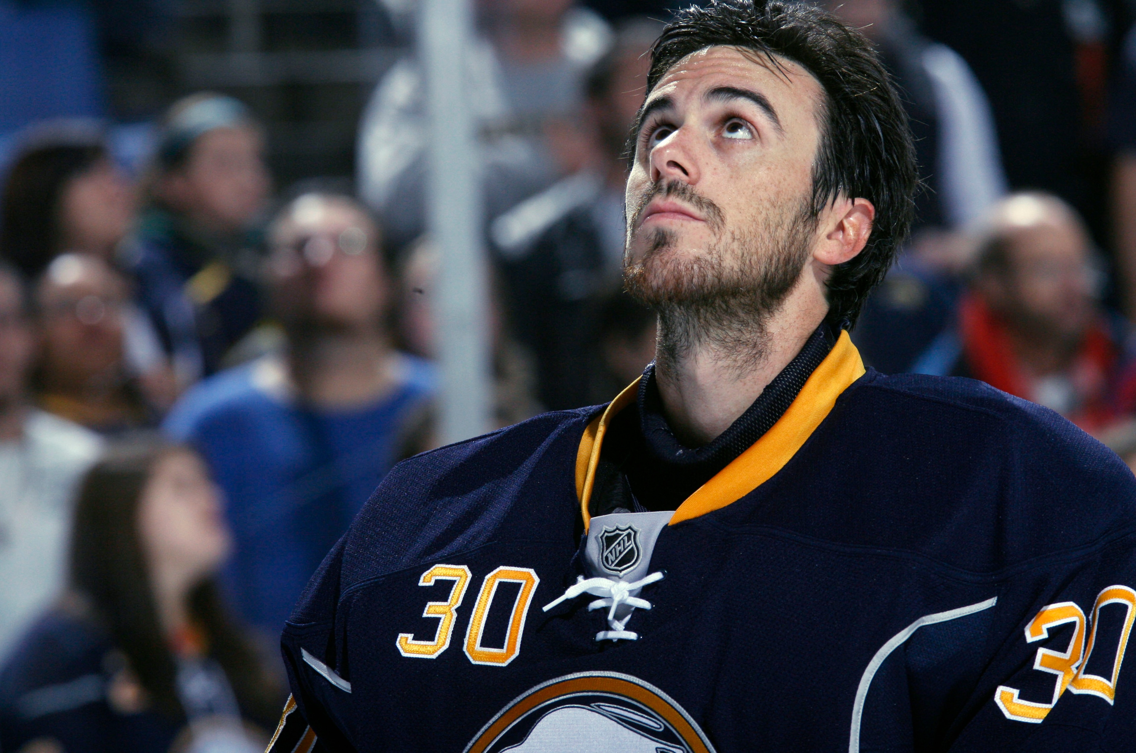 BUFFALO - OCTOBER 3:  Ryan Miller #30 of the Buffalo Sabres prepares to face the Philadelphia Flyers during their NHL game at HSBC Arena October 3, 2010 in Buffalo, New York. The Sabres won 9-3. (Photo By Dave Sandford/Getty Images)