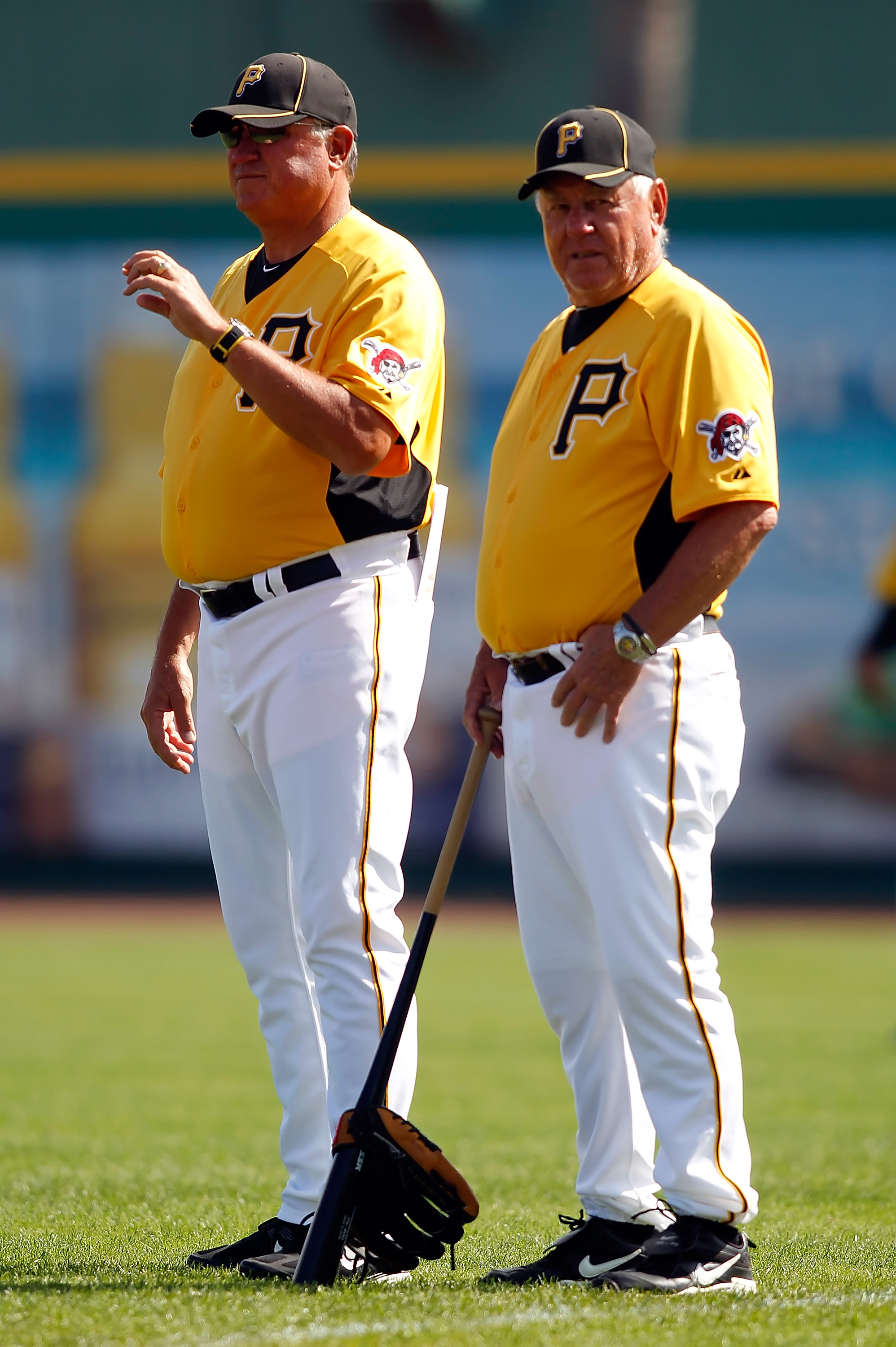 BRADENTON, FL - MARCH 02:  Manager Clint Hurdle #13 (L) stands with former player Bill Mazeroski of the Pittsburgh Pirates just before the start of the Grapefruit League Spring Training Game against the Minnesota Twins at McKechnie Field on March 2, 2011