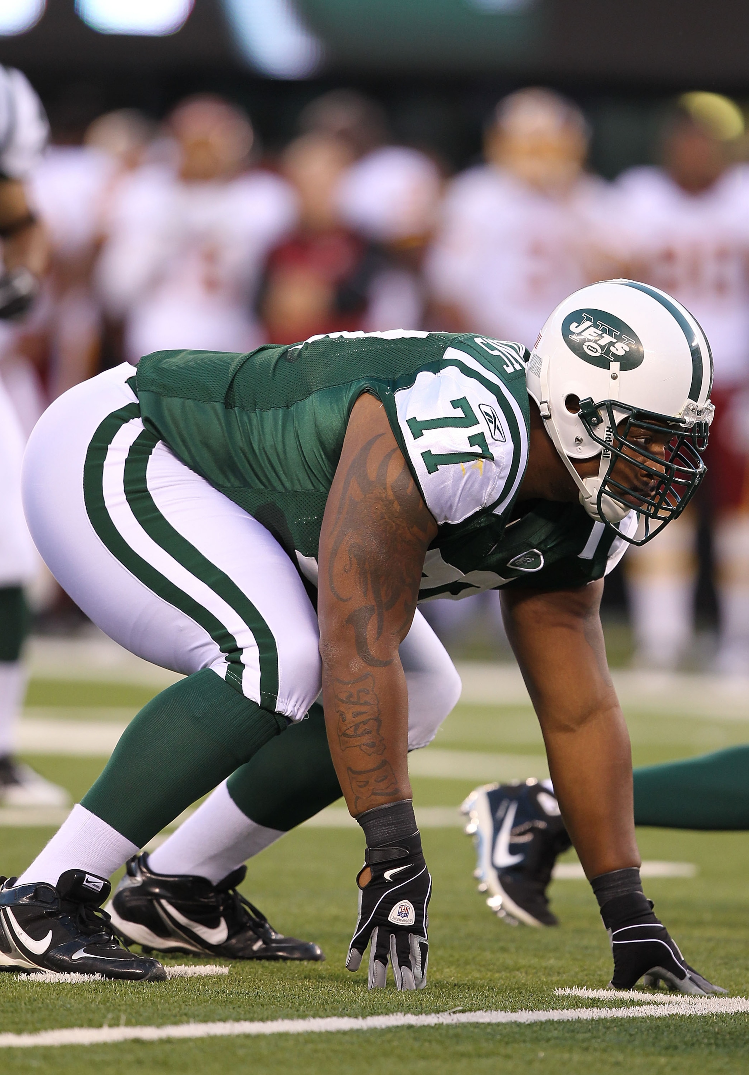EAST RUTHERFORD, NJ - AUGUST 27:  Kris Jenkins #77 of the New York Jets in action against the Washington Redskins  during their preseason game on August 27, 2010 at the New Meadowlands Stadium  in East Rutherford, New Jersey.  (Photo by Al Bello/Getty Ima