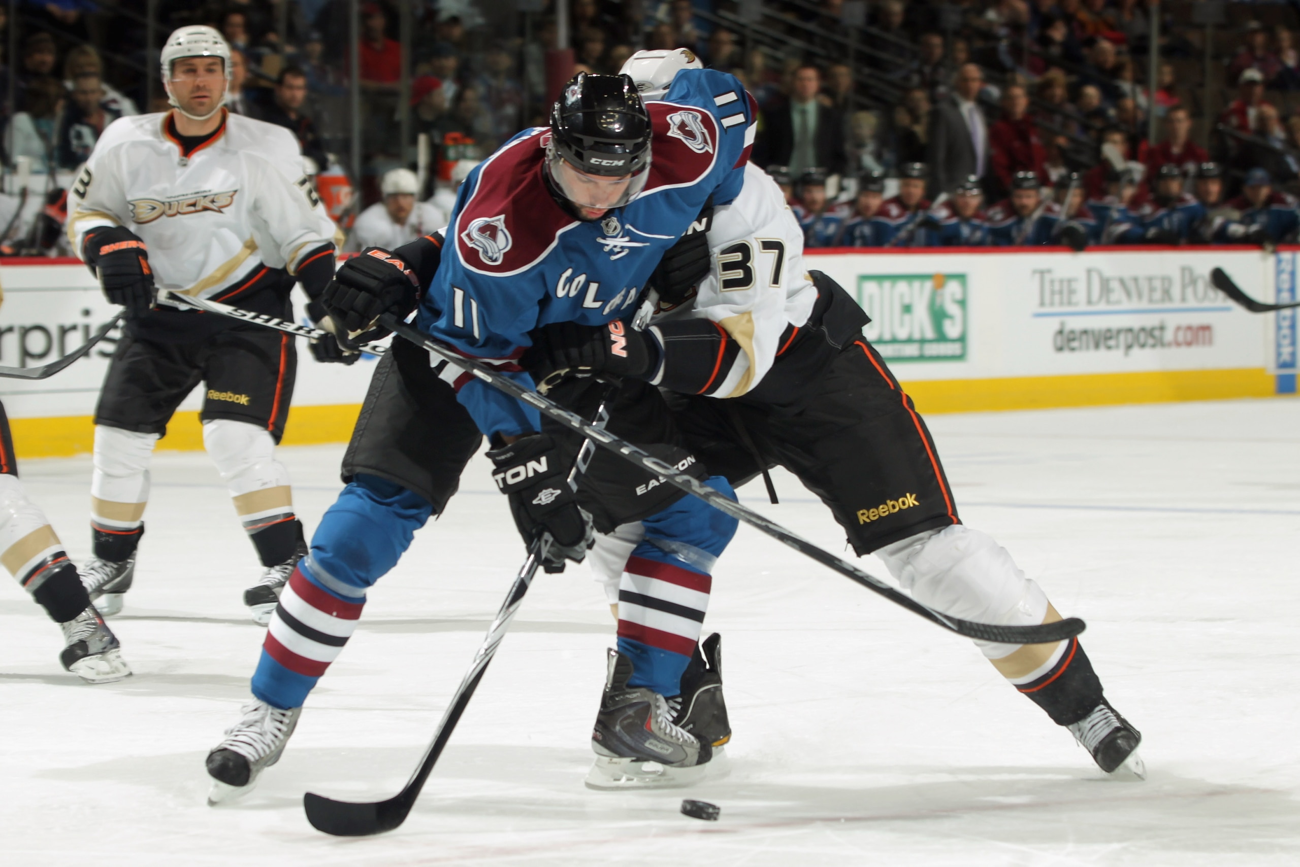 DENVER, CO - MARCH 11:  Philippe Dupuis #11 of the Colorado Avalanche tries to control the puck as Jarkko Ruutu #37 of the Anaheim Ducks receives a penalty for holding during NHL action at the Pepsi Center on March 11, 2011 in Denver, Colorado.  (Photo by