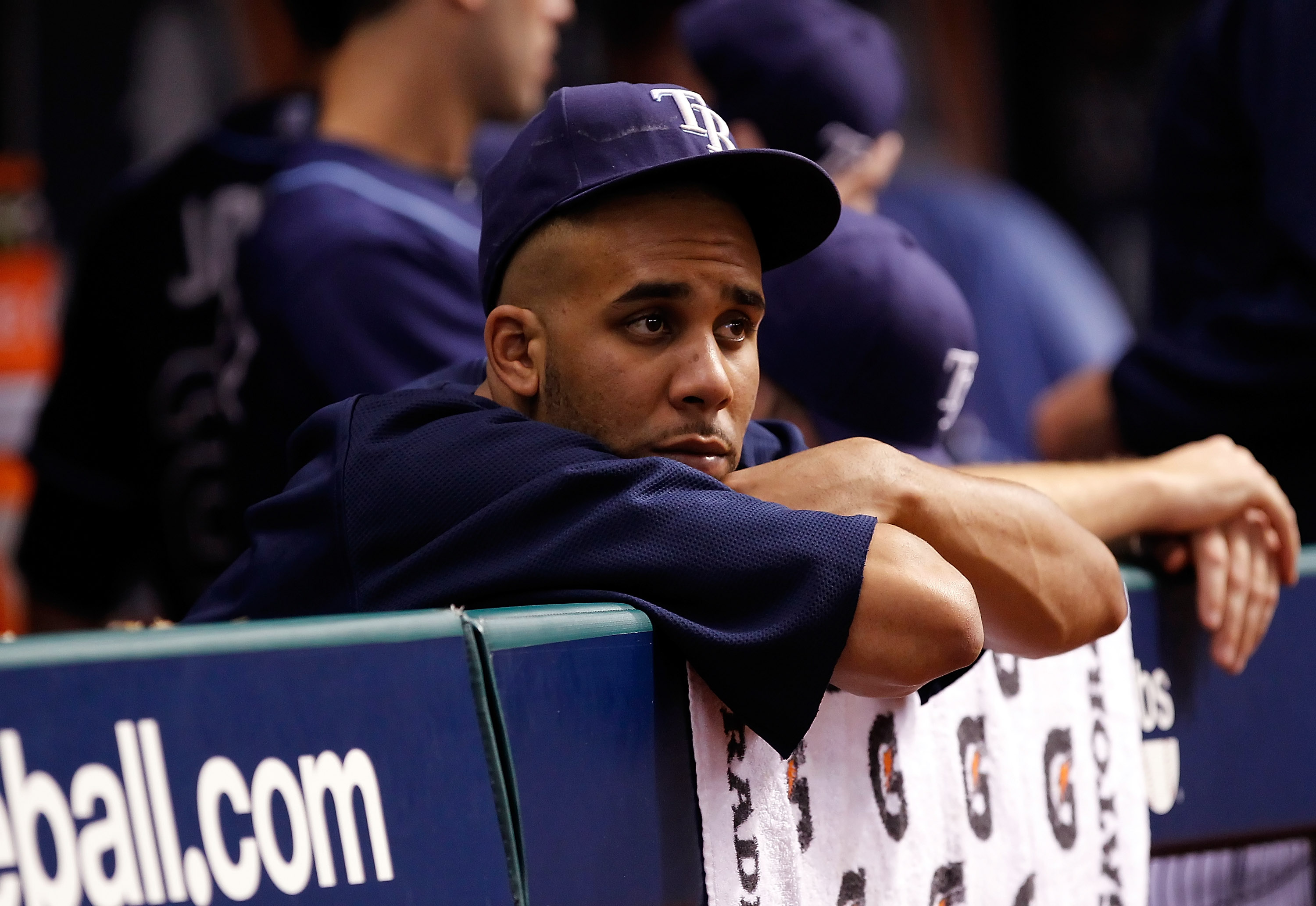 ST. PETERSBURG, FL - OCTOBER 12:  Pitcher David Price #14 of the Tampa Bay Rays watches his team against the Texas Rangers during Game 5 of the ALDS at Tropicana Field on October 12, 2010 in St. Petersburg, Florida.  (Photo by J. Meric/Getty Images)