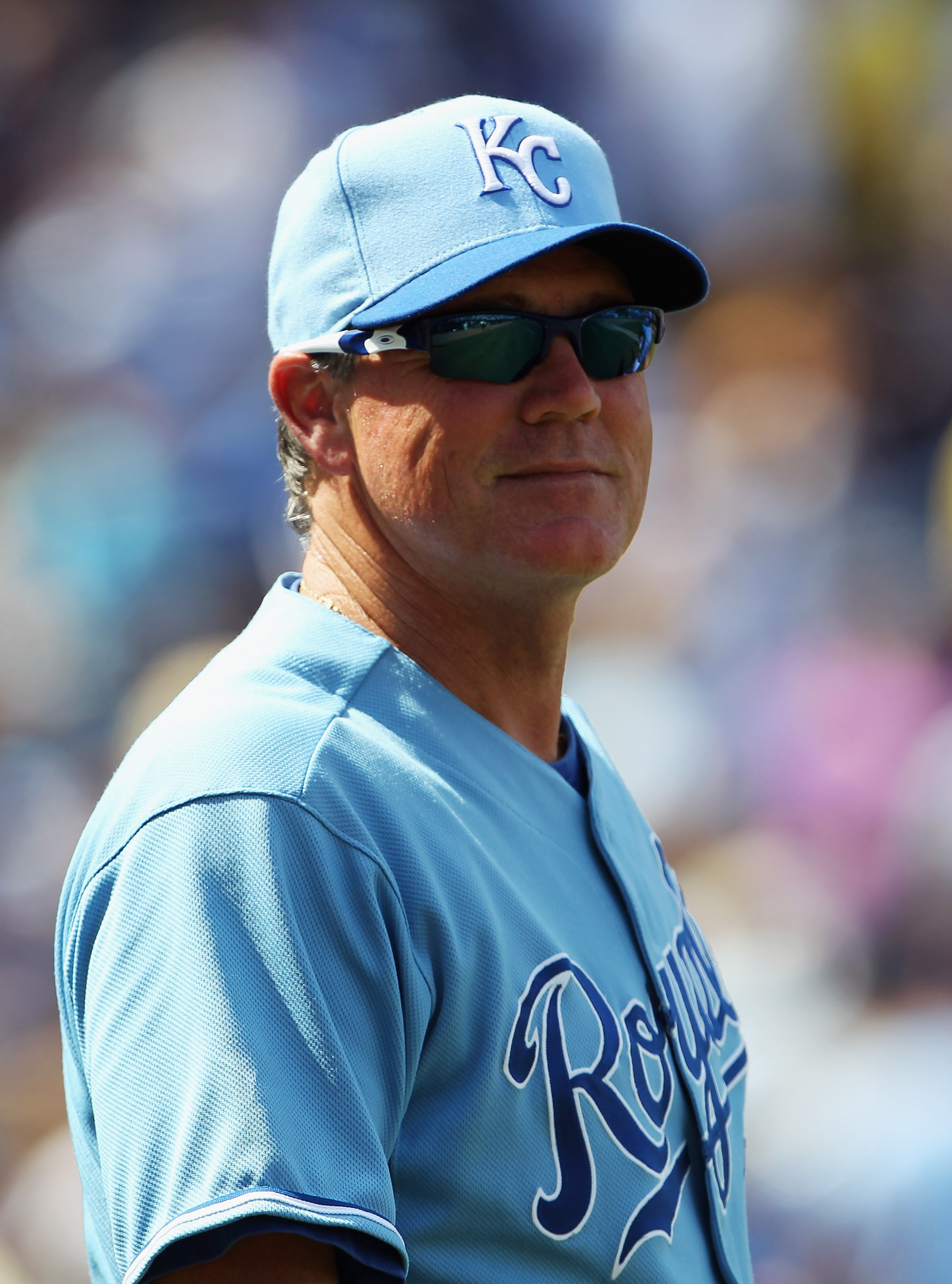 KANSAS CITY, MO - AUGUST 15:  Manager Ned Yost #2 of the Kansas City Royals walks to the mound during the game against the New York Yankees on August 15, 2010 at Kauffman stadium in Kansas City, Missouri.  (Photo by Jamie Squire/Getty Images)