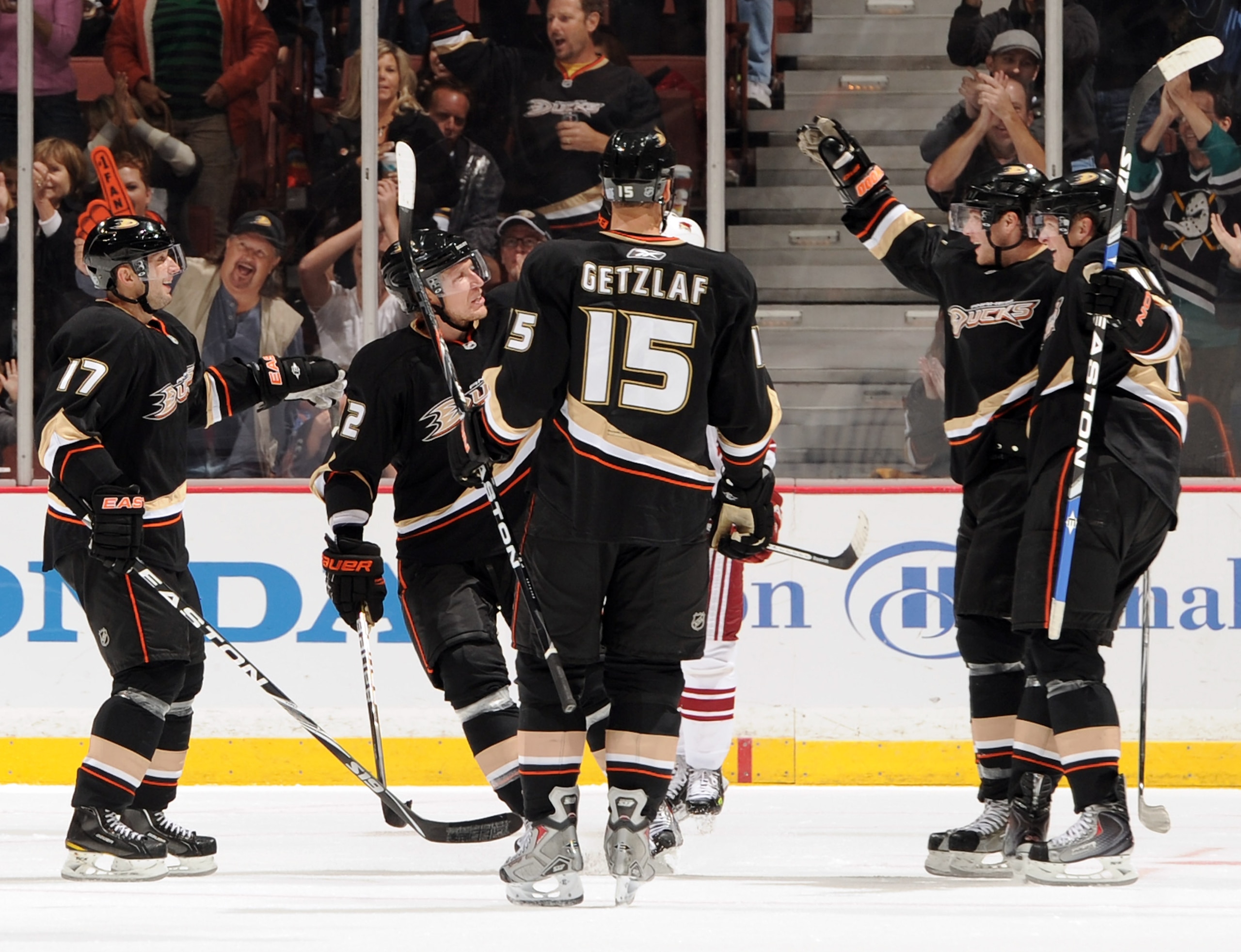 ANAHEIM, CA - OCTOBER 17:  Toni Lydman #32 of the Anaheim Ducks celebrates his goal with Bobby Ryan #9, Corey Perry #10 and Ryan Getzlaf #15 and Lubimor Visnovsky #17 for a 2-0 lead over the Phoenix Coyotes during the second period at the Honda Center on