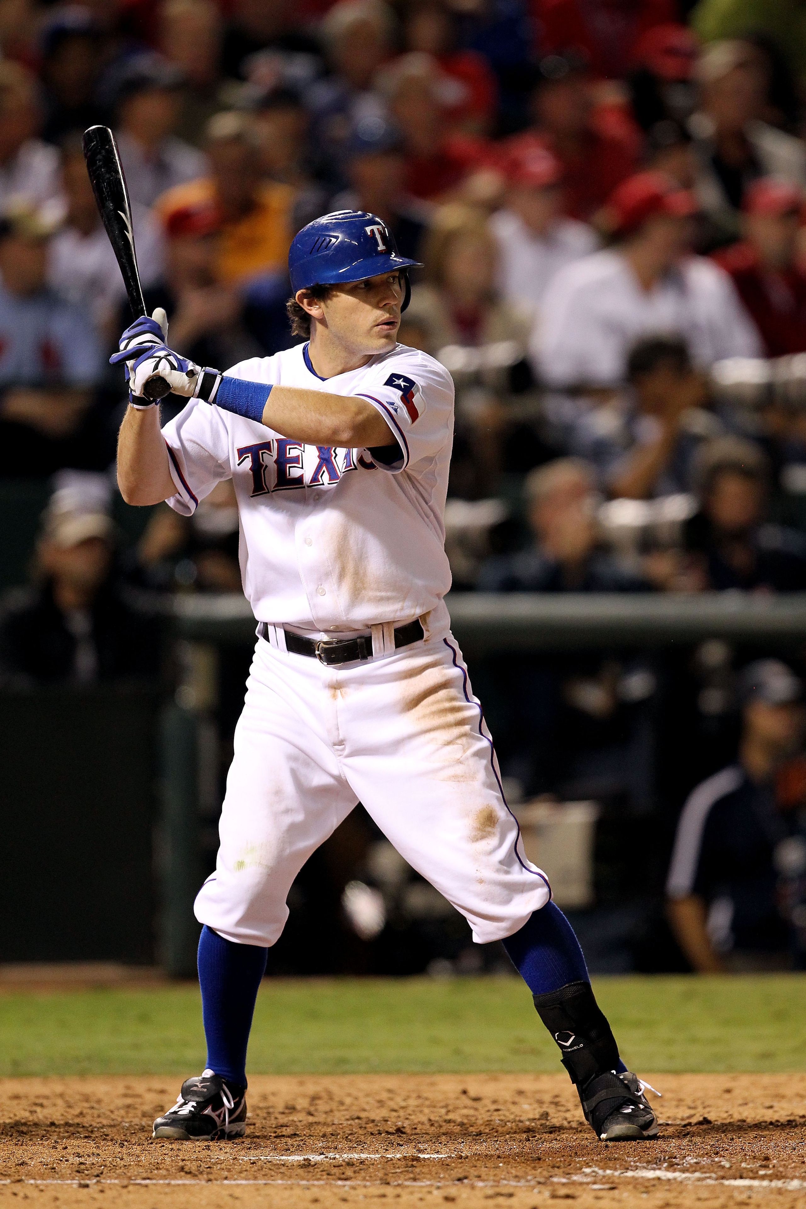ARLINGTON, TX - NOVEMBER 01:  Ian Kinsler #5 of the Texas Rangers bats against the San Francisco Giants in Game Five of the 2010 MLB World Series at Rangers Ballpark in Arlington on November 1, 2010 in Arlington, Texas.  (Photo by Ronald Martinez/Getty Im