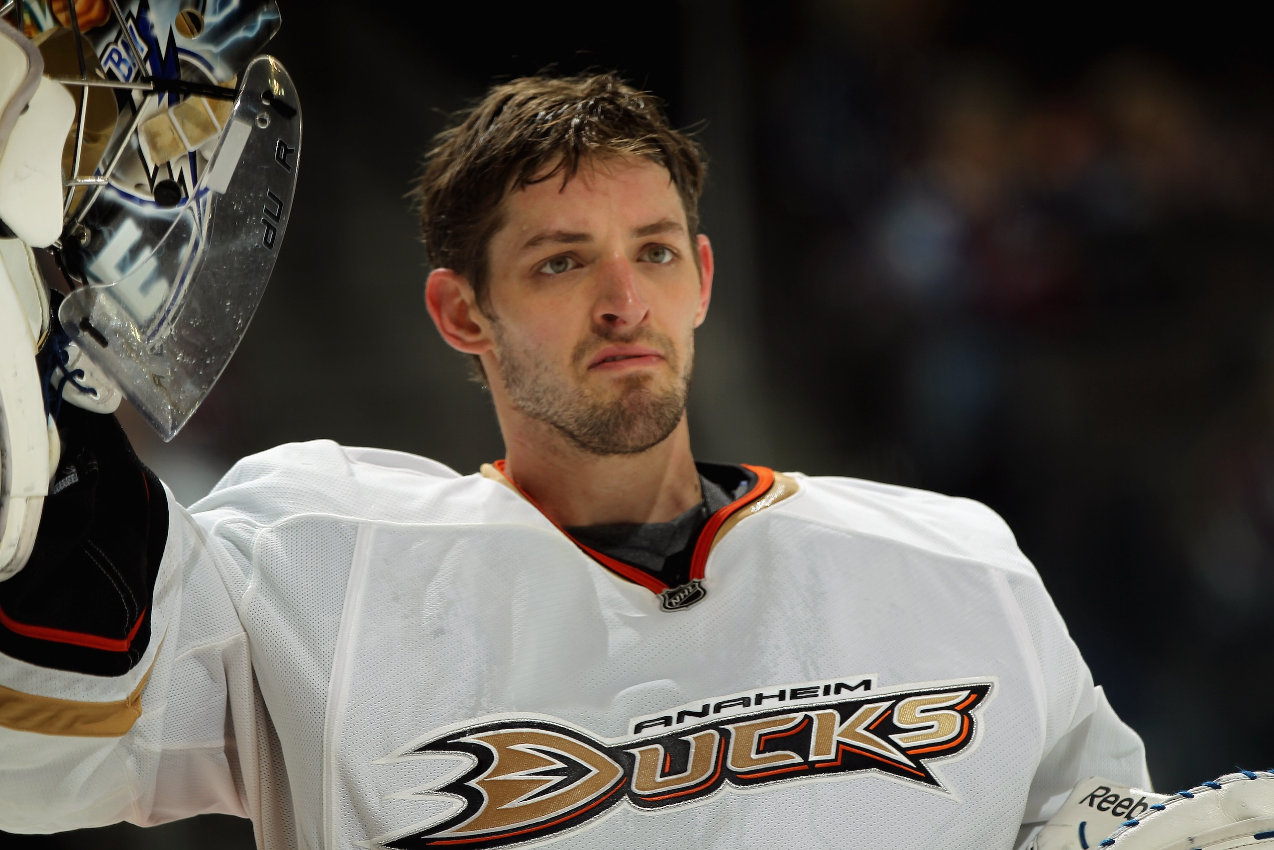 DENVER, CO - MARCH 11:  Goalie Dan Ellis #38 of the Anaheim Ducks looks on during a break in the action against the Colorado Avalanche during NHL action at the Pepsi Center on March 11, 2011 in Denver, Colorado. Ellis earned the win, making 24 saves, as t