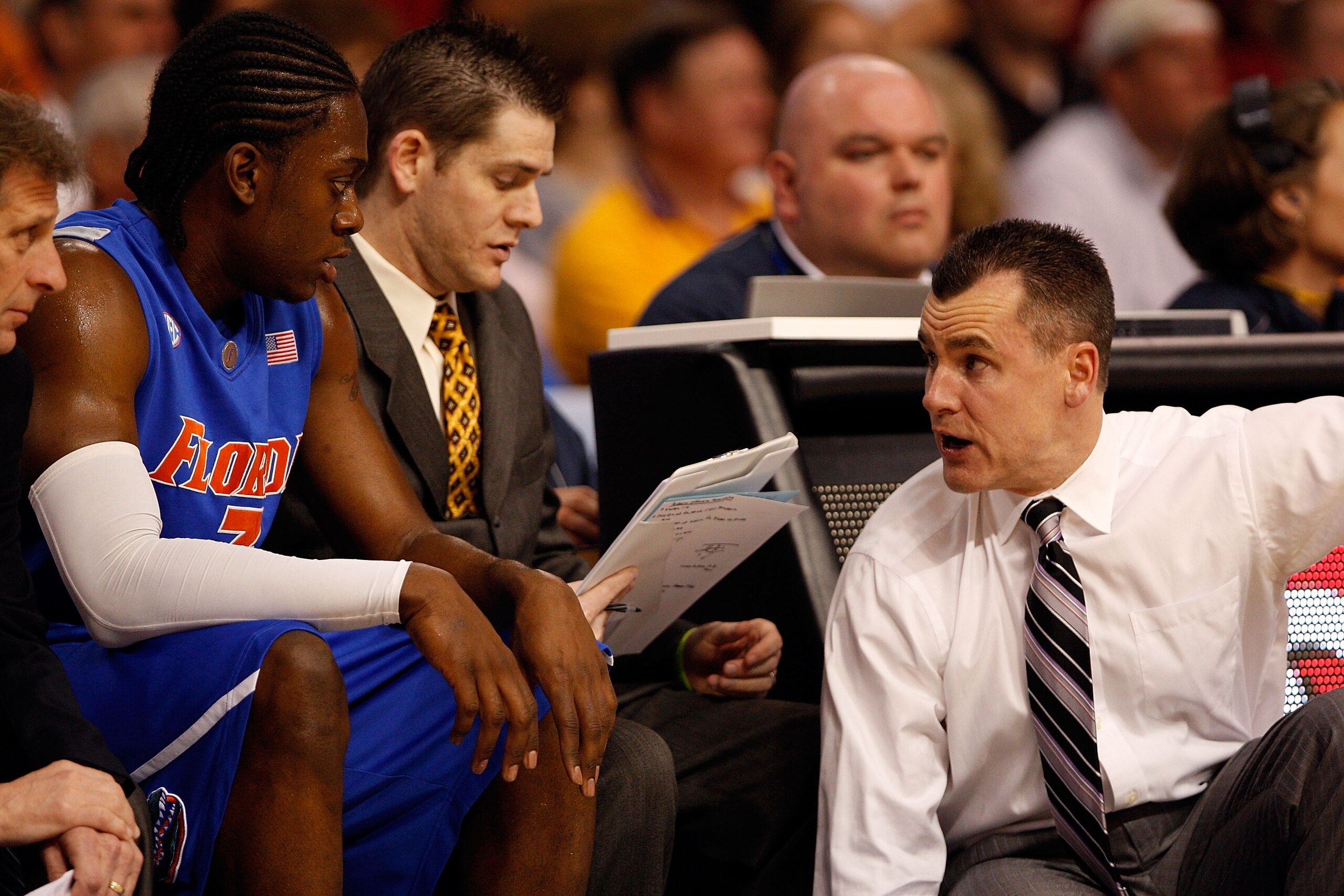 TAMPA, FL - MARCH 13: Ray Shipman #3 talks with head coach Billy Donovan of the Florida Gators during the game against the Auburn Tigers during the quaterfinal round of the SEC Men's Basketball Tournament on March 13, 2009 at The St. Pete Times Forum in TAMPA, FL - MARCH 13: Ray Shipman #3 talks with head coach Billy Donovan of the Florida Gators during the game against the Auburn Tigers during the quaterfinal round of the SEC Men's Basketball Tournament on March 13, 2009 at The St. Pete Times Forum in