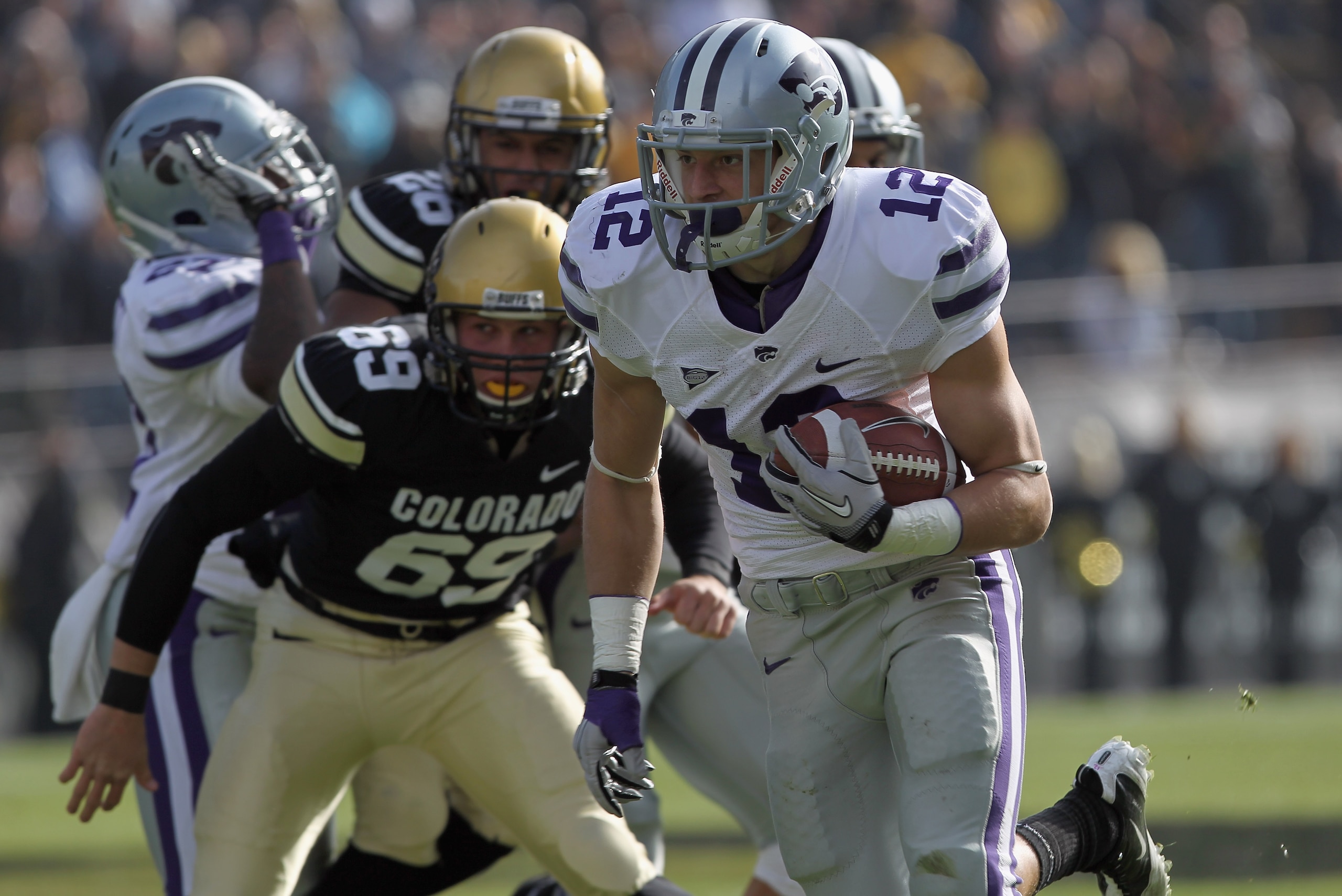BOULDER, CO - NOVEMBER 20:  Ty Zimmerman #12 of the Kansas State Wildcats returns a punt to the one yard line against the Colorado Buffaloes in the first quarter at Folsom Field on November 20, 2010 in Boulder, Colorado. Colorado defeated Kansas State 44-