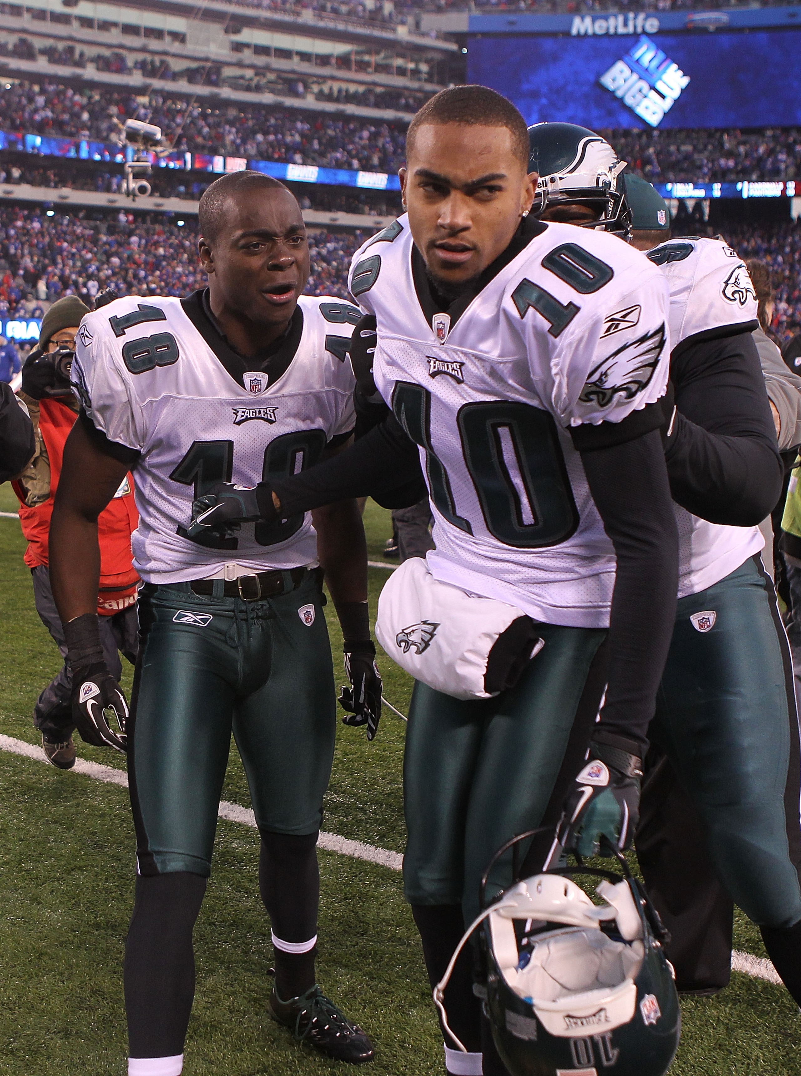 EAST RUTHERFORD, NJ - DECEMBER 19:  DeSean Jackson #10 of the Philadelphia Eagles celebrates his game winning touchdown with teammates Jeremy Maclin #18 and Brodrick Bunkley #97 against the New York Giants at New Meadowlands Stadium on December 19, 2010 i