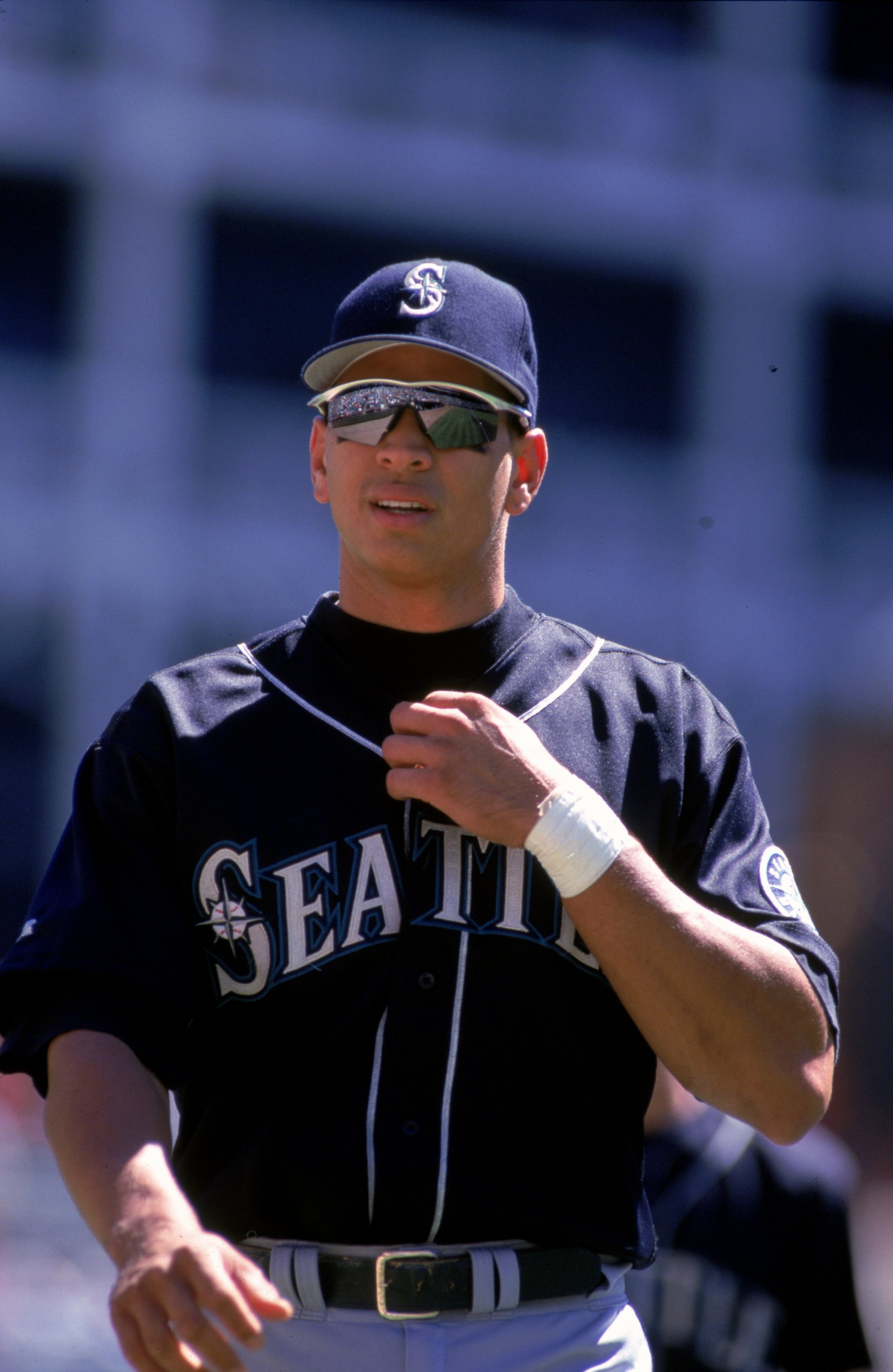 30 Sep 1999:  Alex Rodriguez #3 of the Seattle Mariners looks on during the game against the Texas Rangers at The Ball Park in Dallas, Texas. The Rangers defeated the Mariners 7-0. Mandatory Credit: Chris Covatta  /Allsport