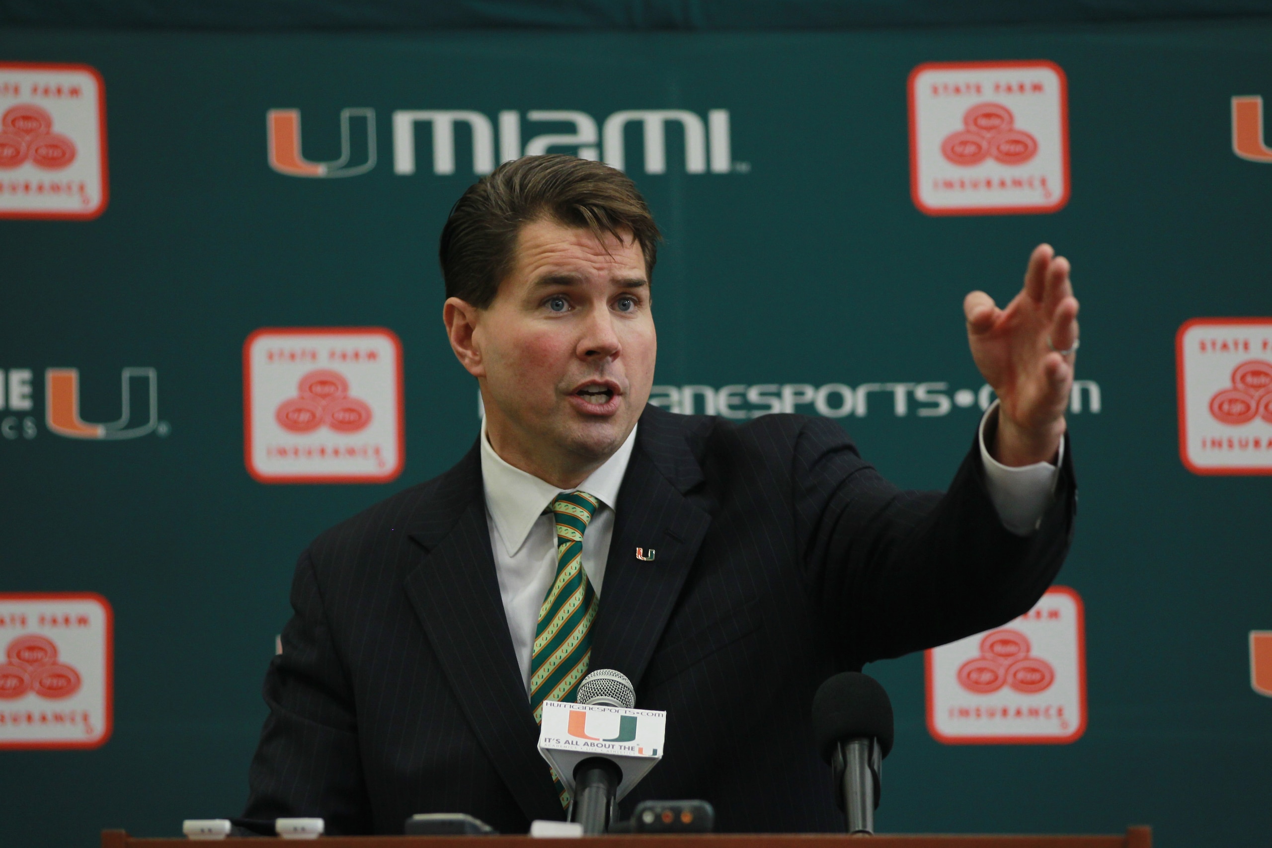 CORAL GABLES, FL - DECEMBER 13:  Former Temple University football coach Al Golden, 41, speaks to the media after being introduced as the new head coach at the University of Miami  on December 13, 2010 in Coral Gables, Florida.  Golden is replacing Randy