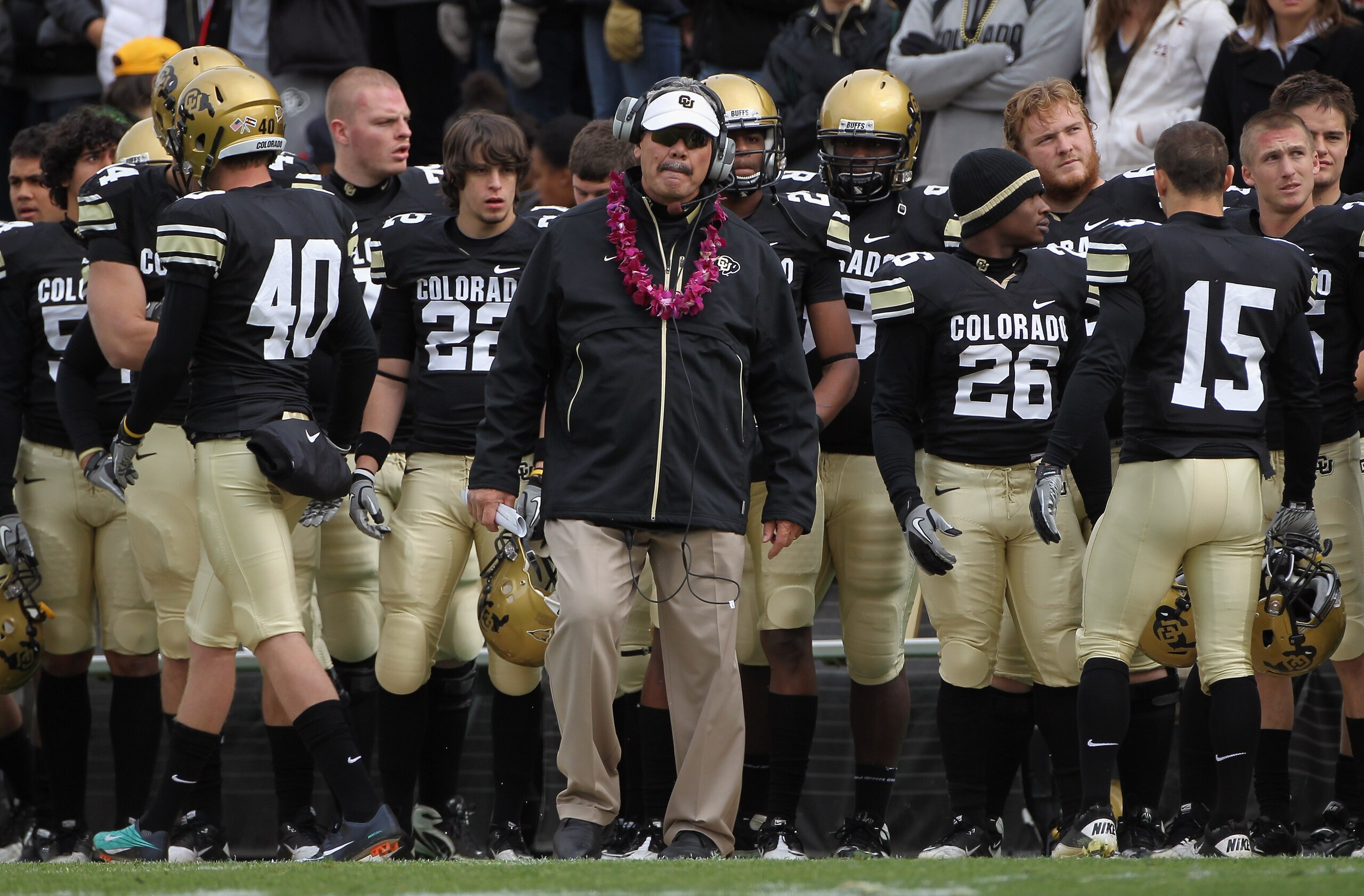 BOULDER, CO - NOVEMBER 13:  Interim head coach Brian Cabral of the Colorado Buffaloes leads his team against the Iowa State Cyclones at Folsom Field on November 13, 2010 in Boulder, Colorado. Cabral earned his first win as he made his debut as interim hea