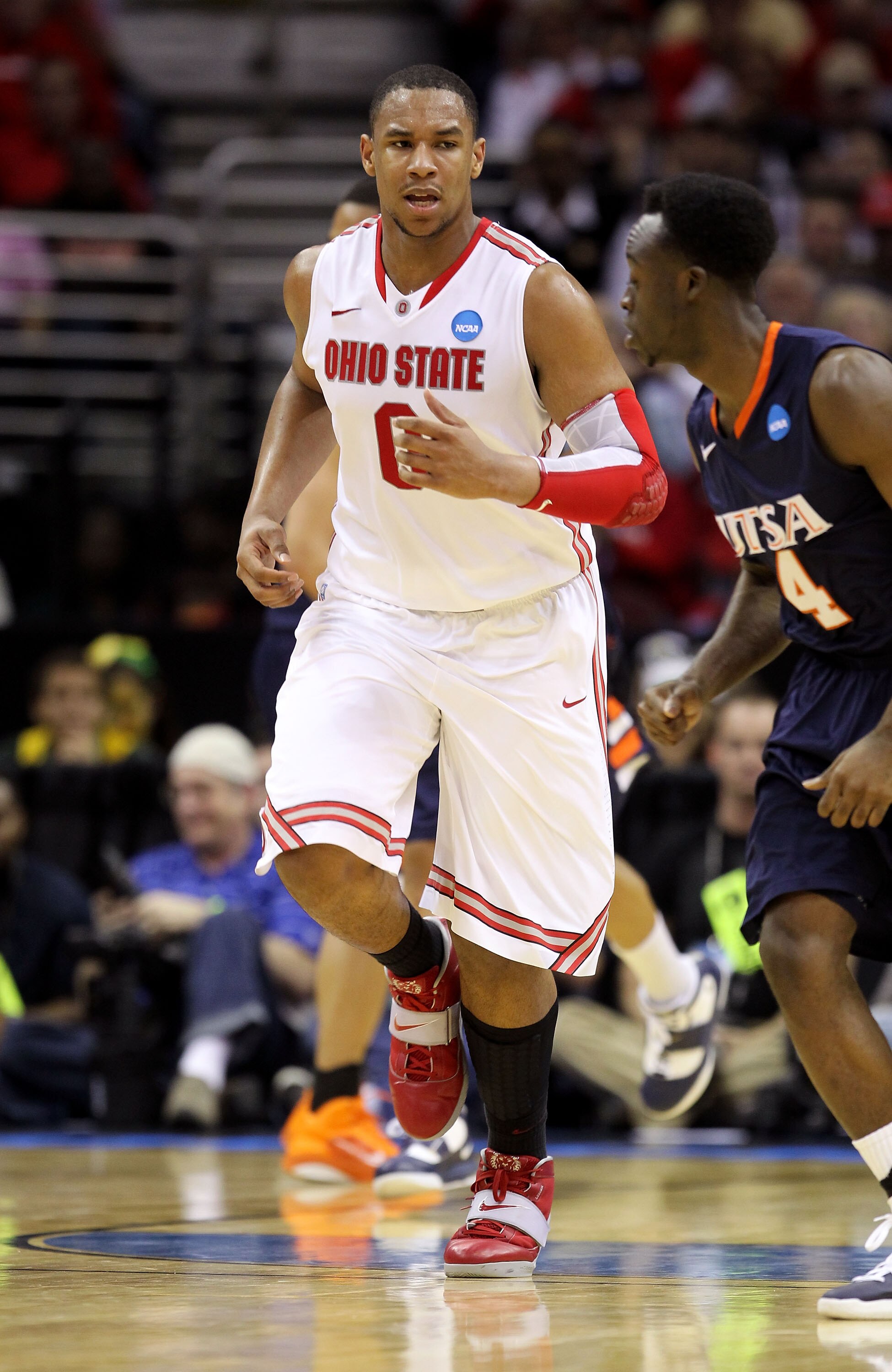 CLEVELAND, OH - MARCH 18: Jared Sullinger #0 of the Ohio State Buckeyes runs up court after a play against the Texas-San Antonio Roadrunners during the second round of the 2011 NCAA men's basketball tournament at Quicken Loans Arena on March 18, 2011 in C