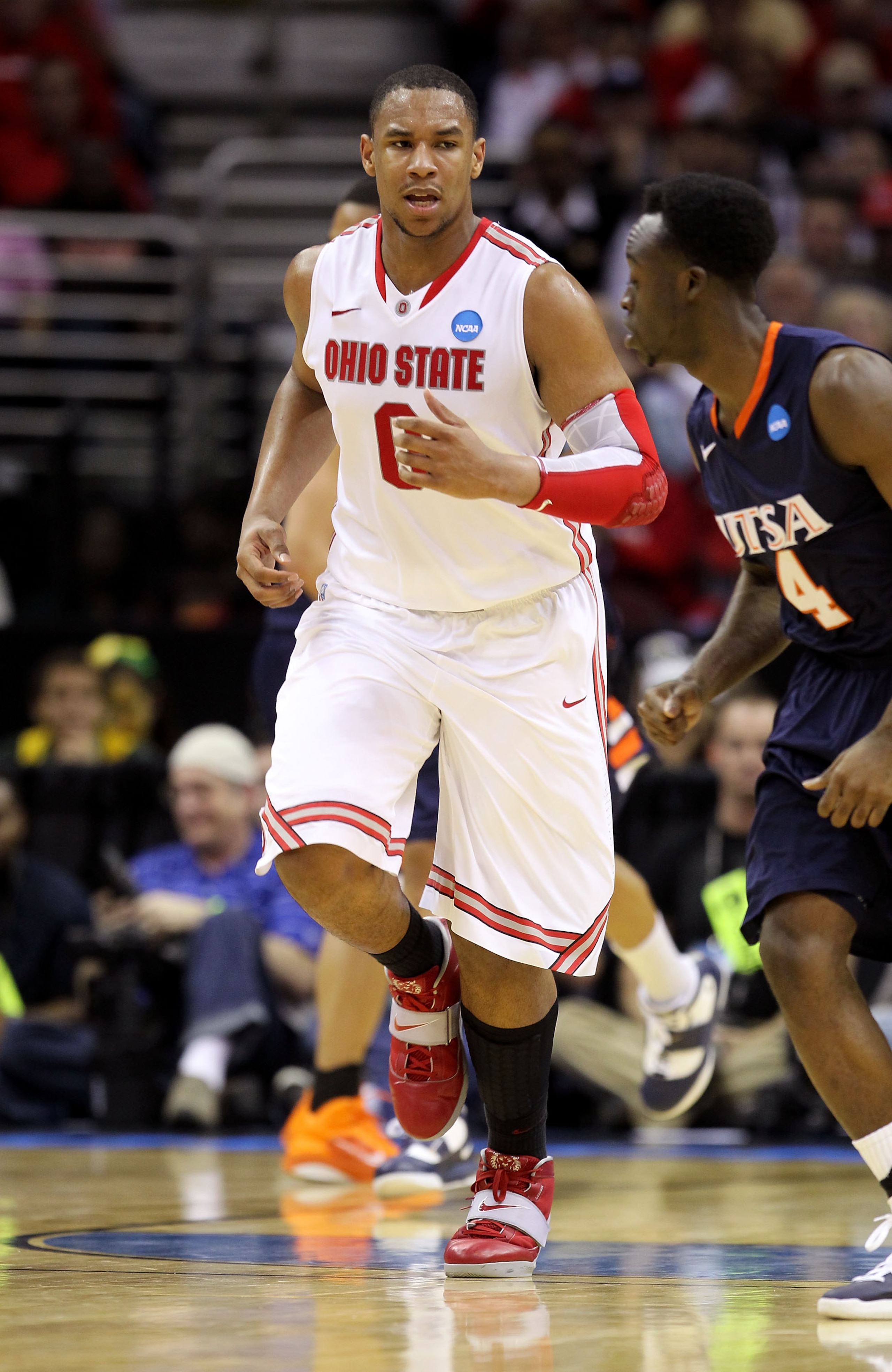 CLEVELAND, OH - MARCH 18: Jared Sullinger #0 of the Ohio State Buckeyes runs up court after a play against the Texas-San Antonio Roadrunners during the second round of the 2011 NCAA men's basketball tournament at Quicken Loans Arena on March 18, 2011 in C