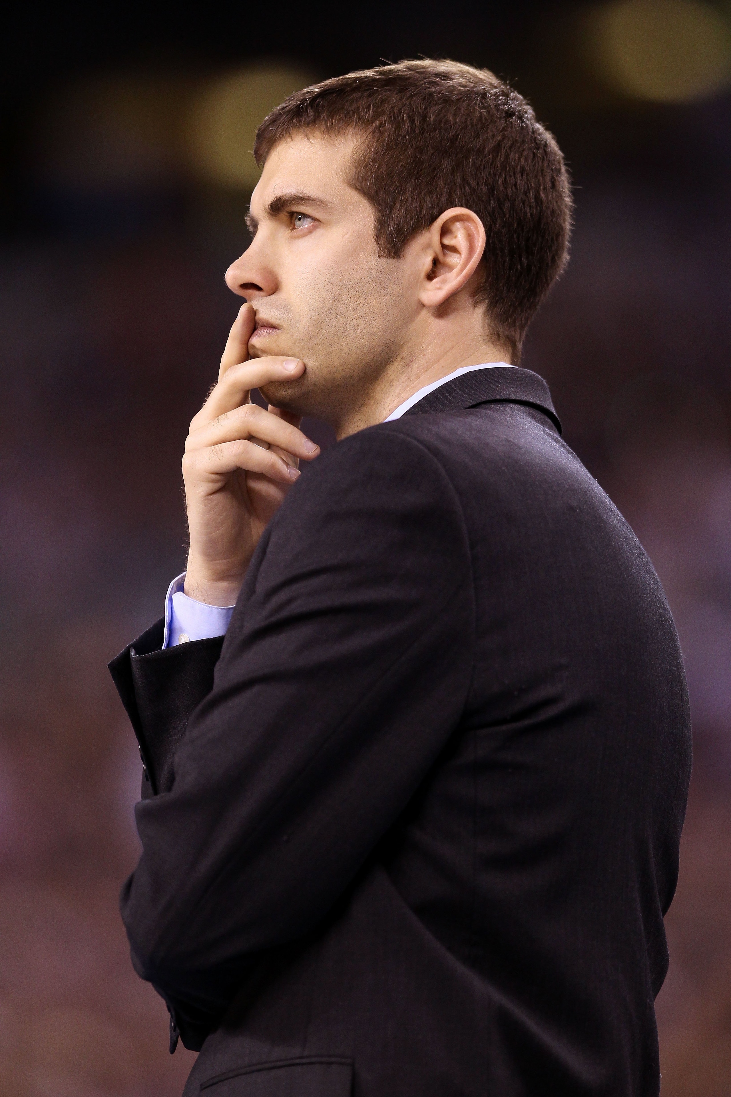 INDIANAPOLIS - APRIL 05:  Head coach Brad Stevens of the Butler Bulldogs looks on as he coaches against the Duke Blue Devils during the 2010 NCAA Division I Men's Basketball National Championship game at Lucas Oil Stadium on April 5, 2010 in Indianapolis,