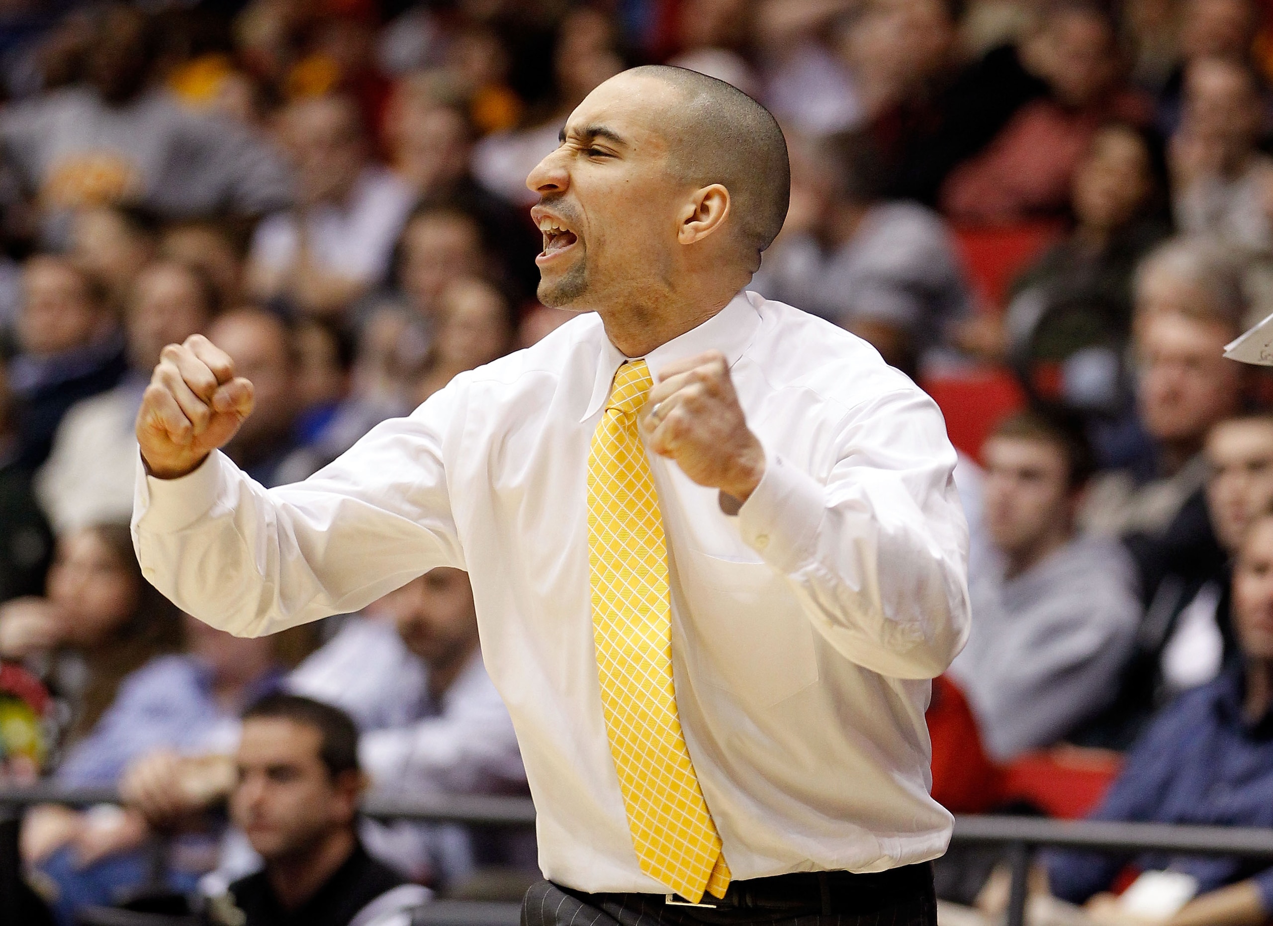 DAYTON, OH - MARCH 16:  Head coach Shaka Smart of the Virginia Commonwealth Rams reacts after a play in the second half against the USC Trojans during the first round of the 2011 NCAA men's basketball tournament at UD Arena on March 16, 2011 in Dayton, Oh