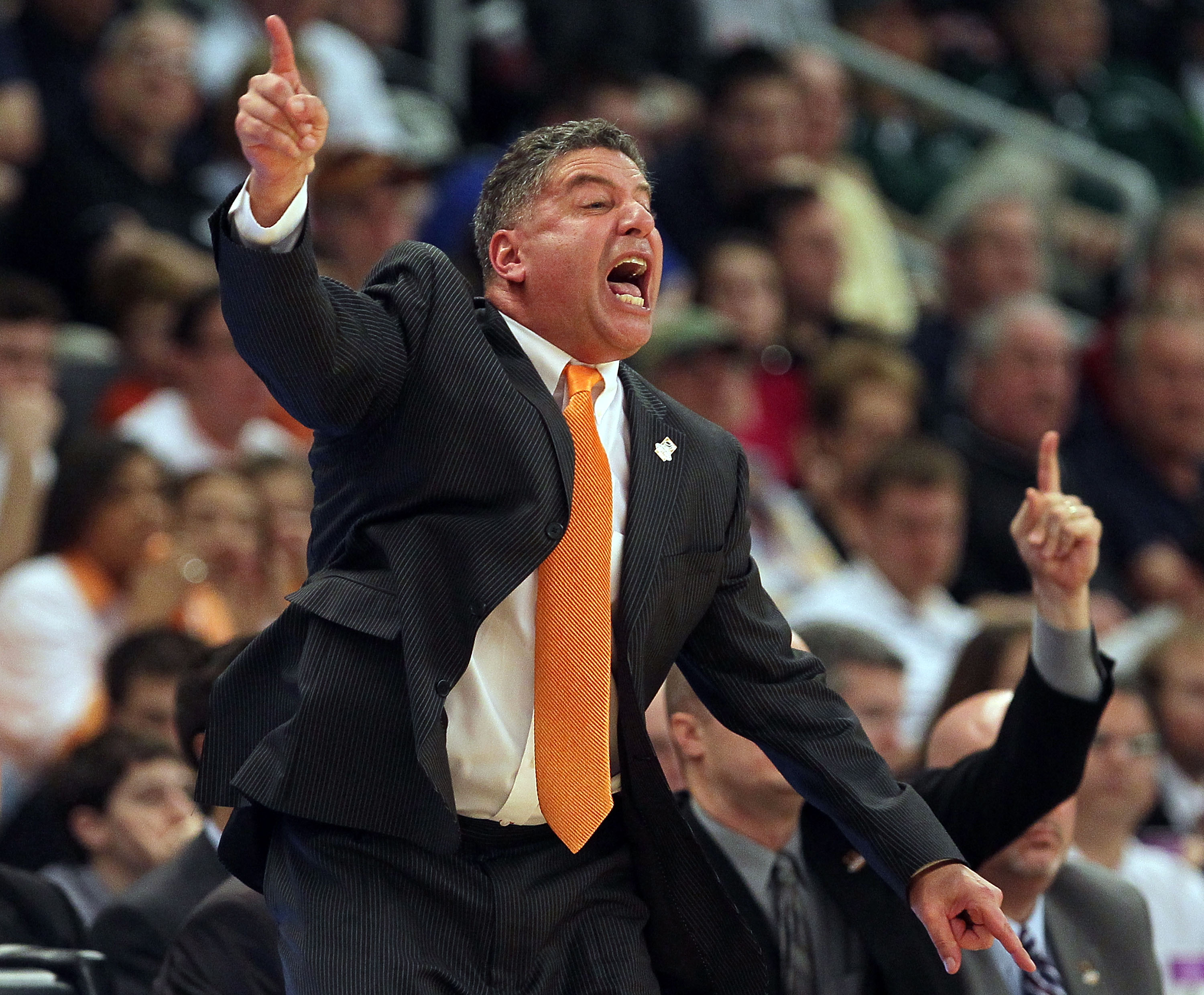 PROVIDENCE, RI - MARCH 20:  Coach Bruce Pearl of the Tennessee Volunteers reacts against the Ohio Bobcats during the second round of the 2010 NCAA men's tournament at Dunkin' Donuts Center on March 20, 2010 in Providence, Rhode Island. (Photo by Jim Rogas