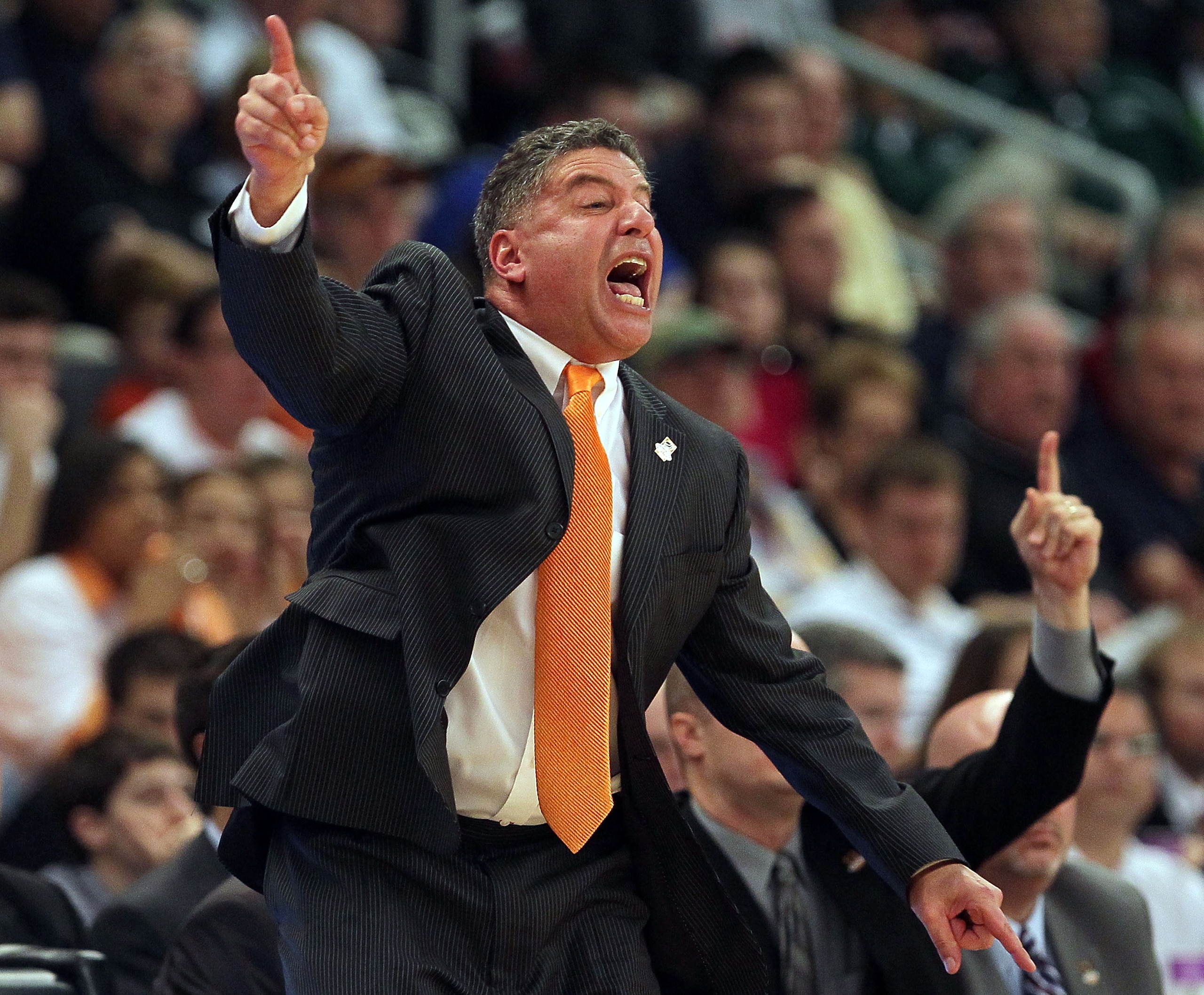 PROVIDENCE, RI - MARCH 20:  Coach Bruce Pearl of the Tennessee Volunteers reacts against the Ohio Bobcats during the second round of the 2010 NCAA men's tournament at Dunkin' Donuts Center on March 20, 2010 in Providence, Rhode Island. (Photo by Jim Rogas