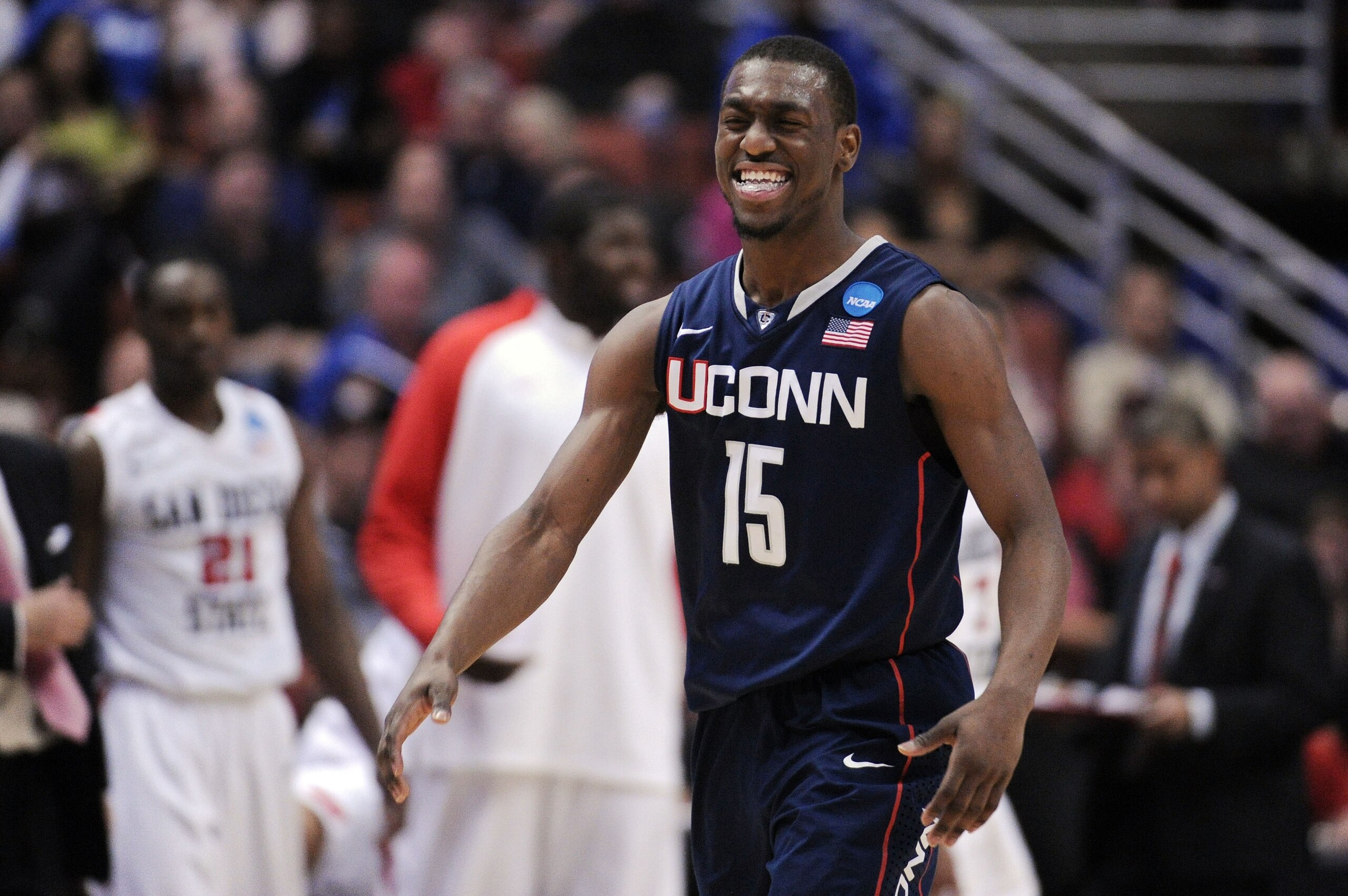 ANAHEIM, CA - MARCH 24:  Kemba Walker #15 of the Connecticut Huskies reacts after a play against the San Diego State Aztecs during the west regional semifinal of the 2011 NCAA men's basketball tournament at the Honda Center on March 24, 2011 in Anaheim, C