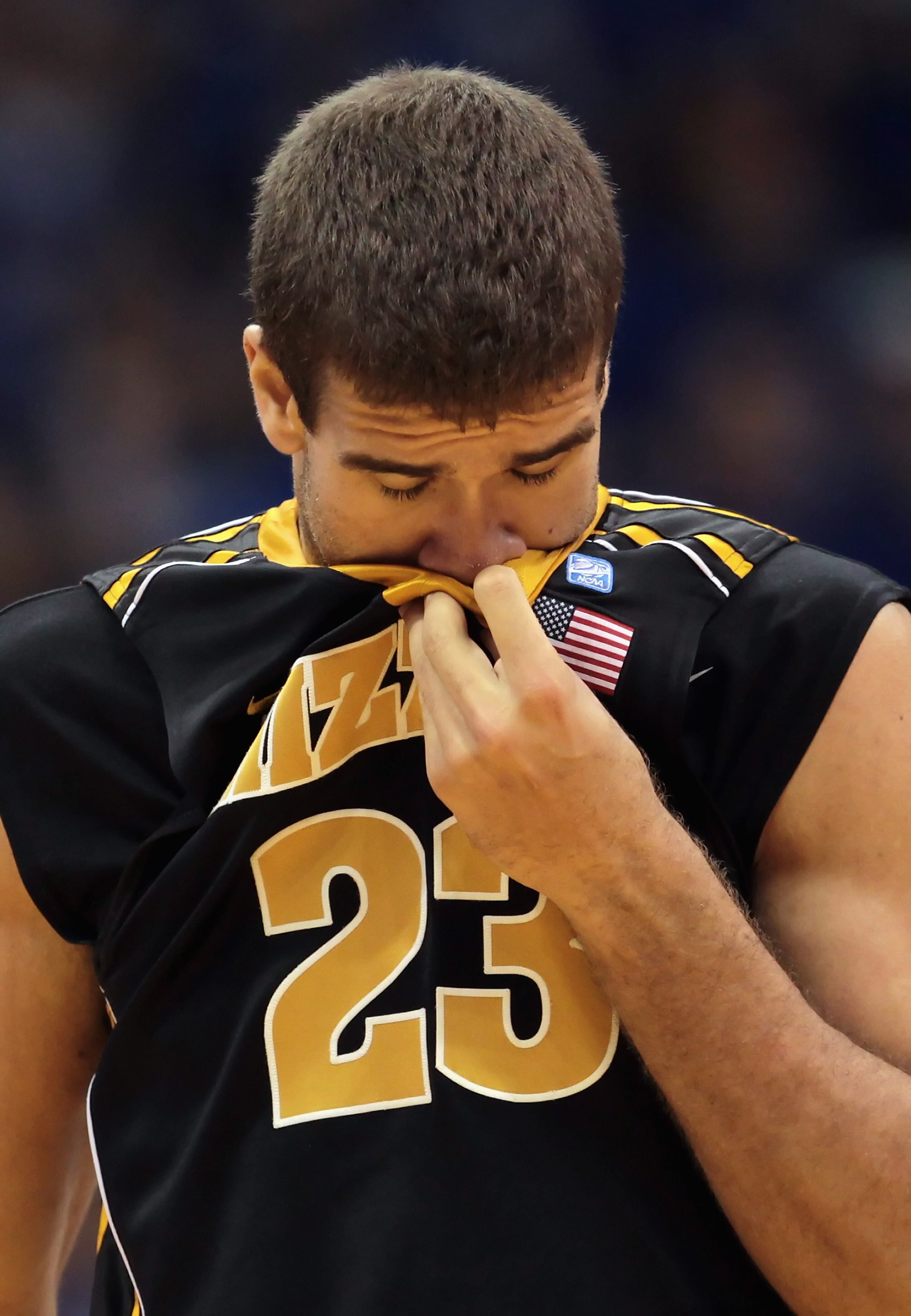 LAWRENCE, KS - FEBRUARY 07:  Justin Safford #23 of the Missouri Tigers reacts after a foul during the game against the Kansas Jayhawks on February 5, 2011 at Allen Fieldhouse in Lawrence, Kansas.  (Photo by Jamie Squire/Getty Images)