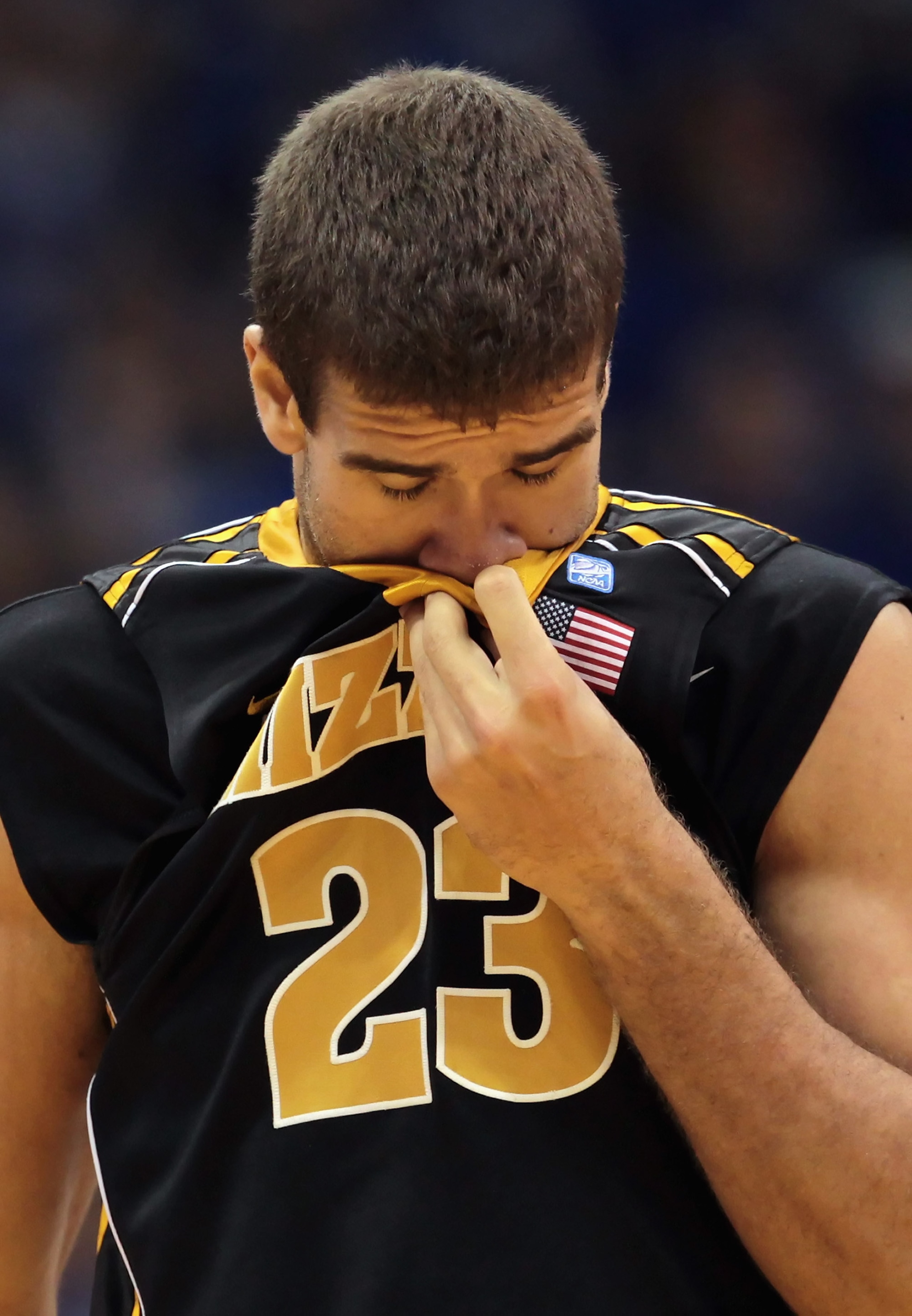 LAWRENCE, KS - FEBRUARY 07:  Justin Safford #23 of the Missouri Tigers reacts after a foul during the game against the Kansas Jayhawks on February 5, 2011 at Allen Fieldhouse in Lawrence, Kansas.  (Photo by Jamie Squire/Getty Images)